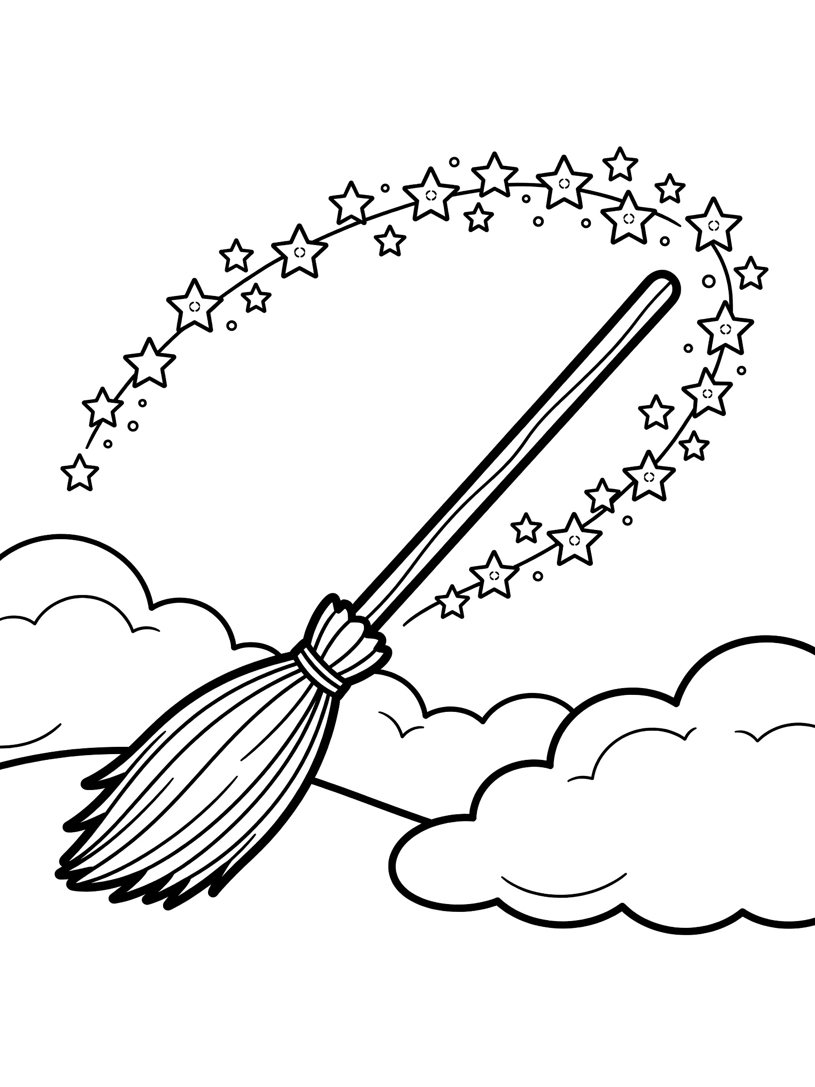 Black and white coloring page of a broomstick flying and pushing a trail of stars with broom bristles, simple clouds underneath, clean line art.