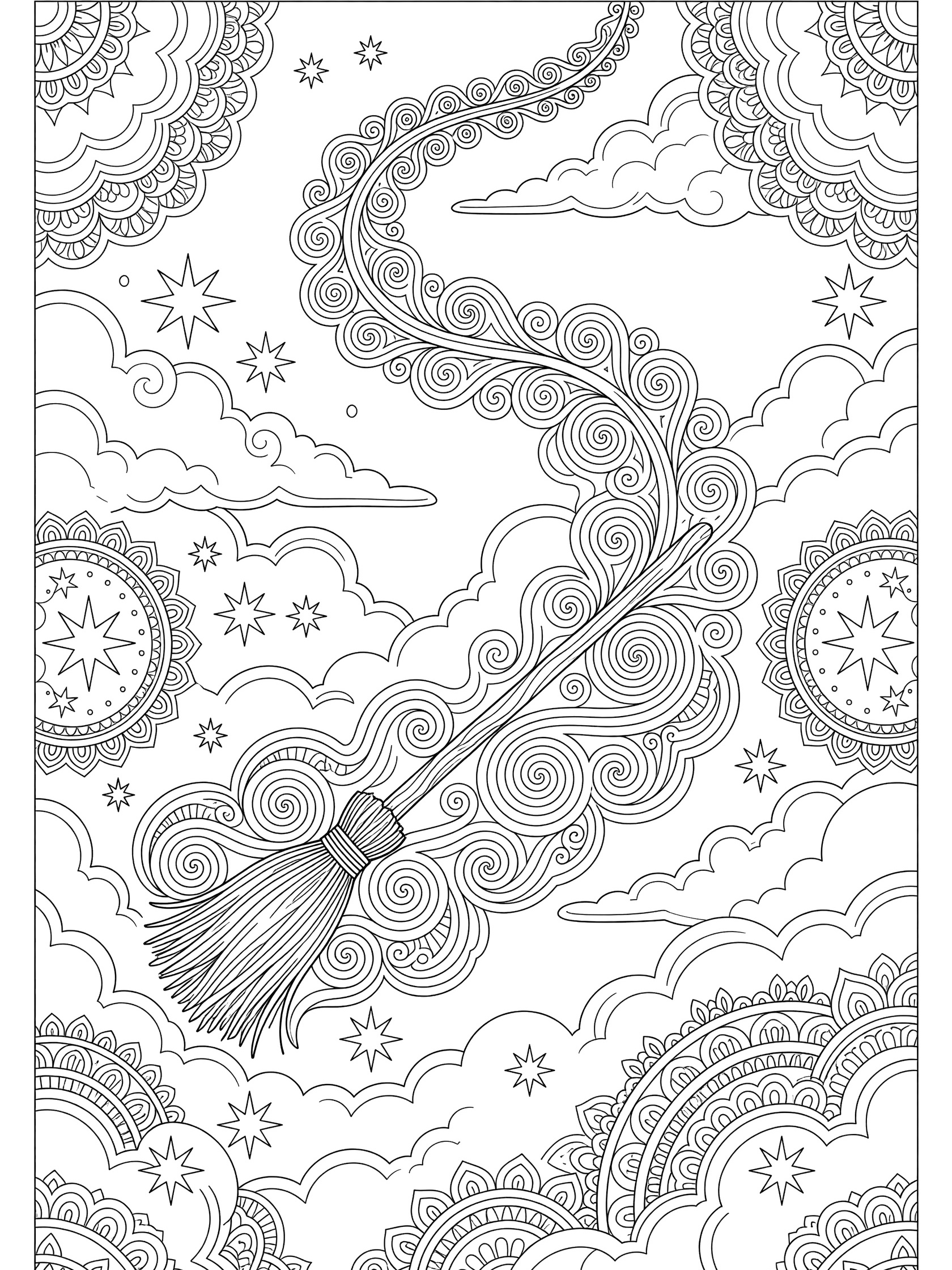 Black and white line art coloring page showing a broomstick flying with a curved trail through layered clouds, surrounded by stars and swirl patterns.