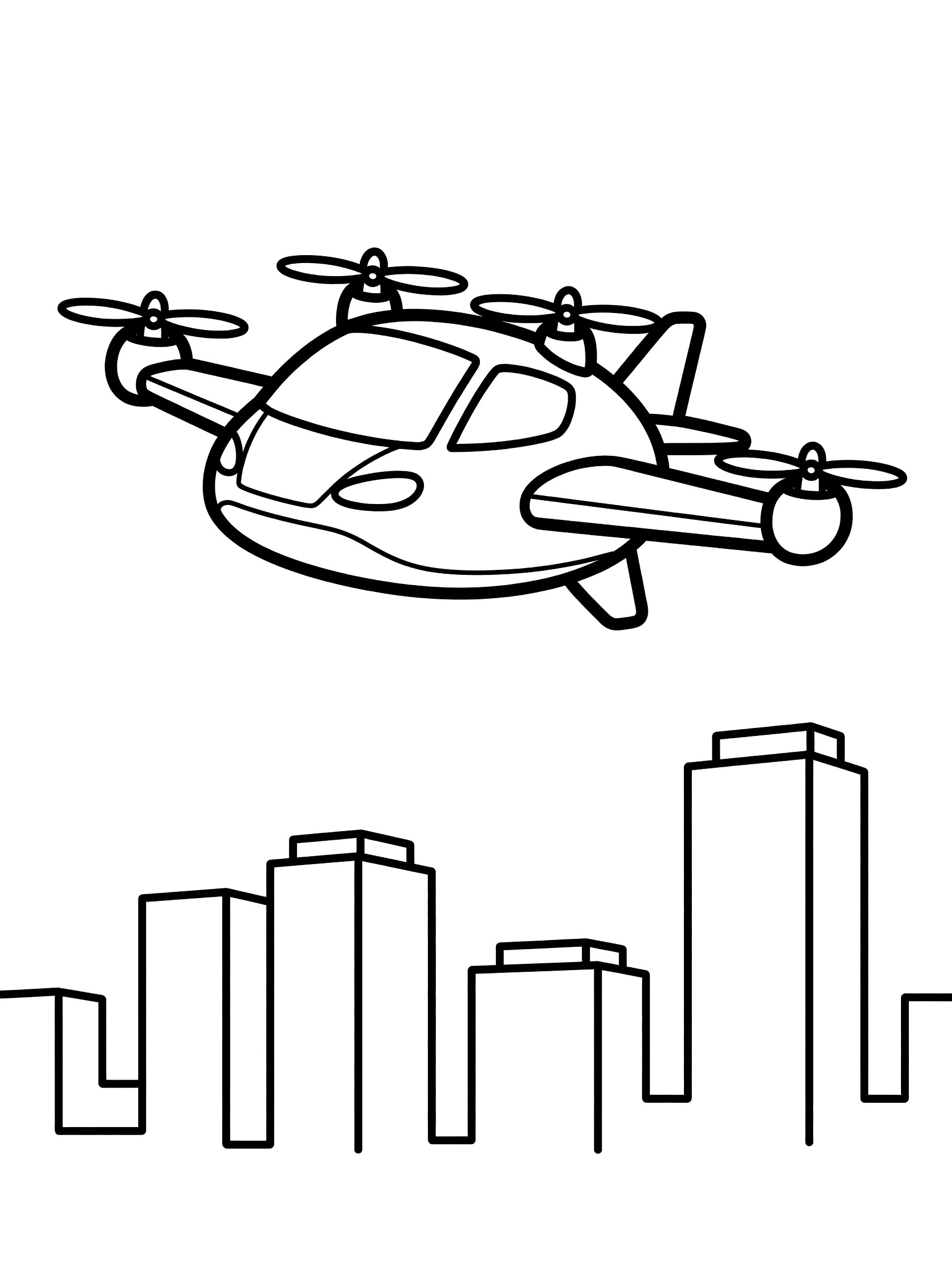Black and white line art coloring page showing a flying car with four propellers and wings flying over a simple city skyline with tall buildings. Flying Cars themed black and white printable line art