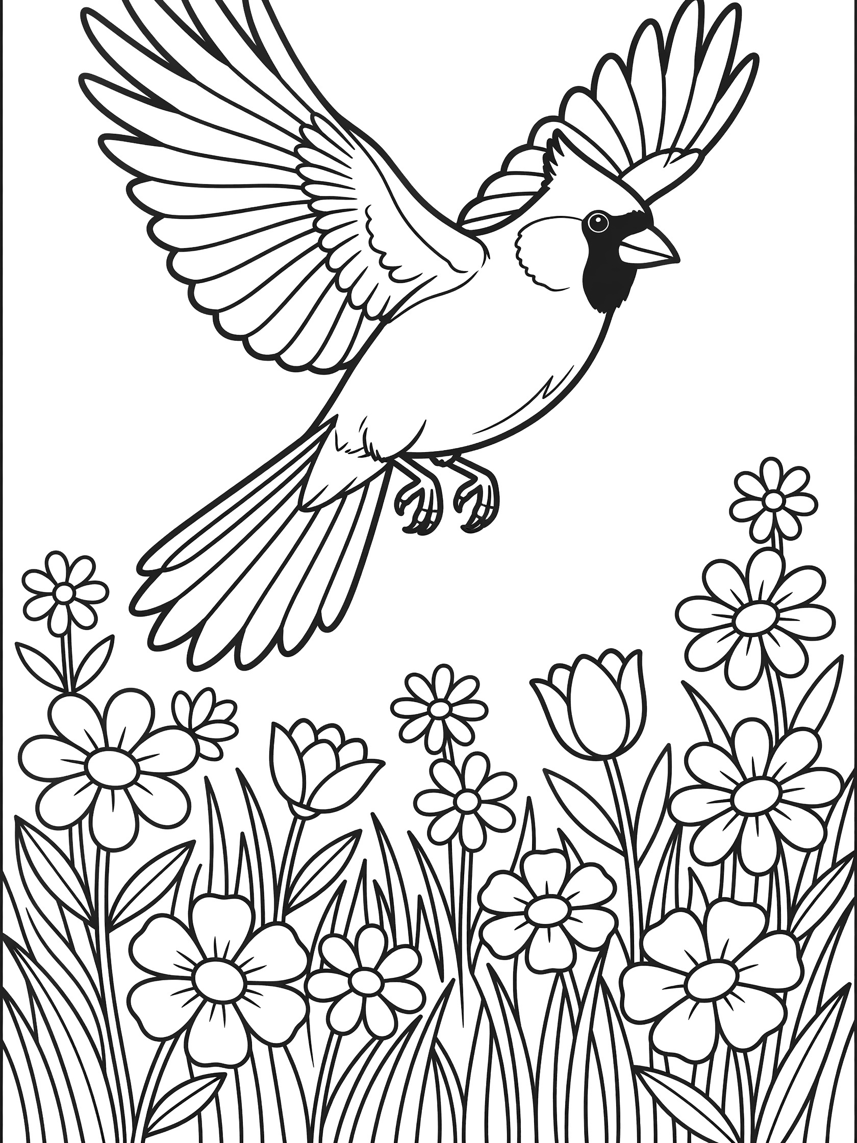 Black and white line art coloring page showing a cardinal bird soaring in flight above a meadow of flowers and grass