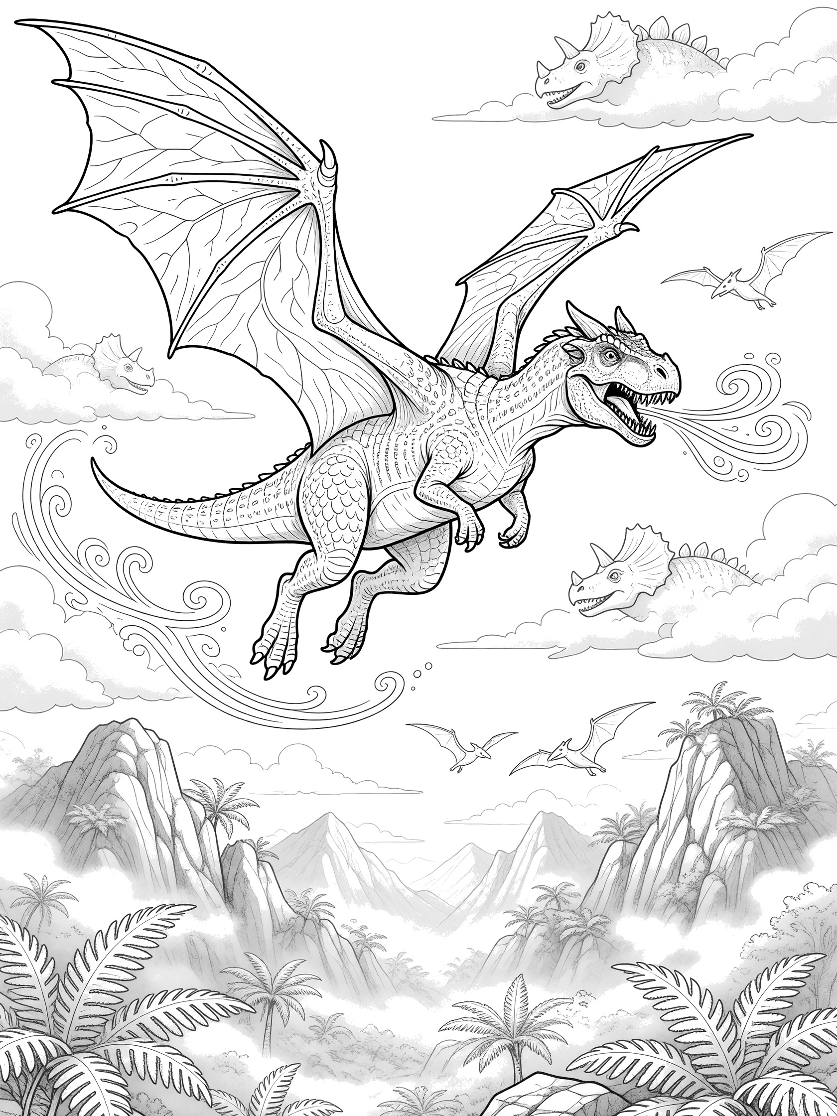 Whimsical doodle style coloring page of a fictional flying Carnotaurus dinosaur with spread bat-like wings, horns, snarling mouth, wind trails, flying above jagged mountains and ferns with cloud dinosaurs and pterodactyls.