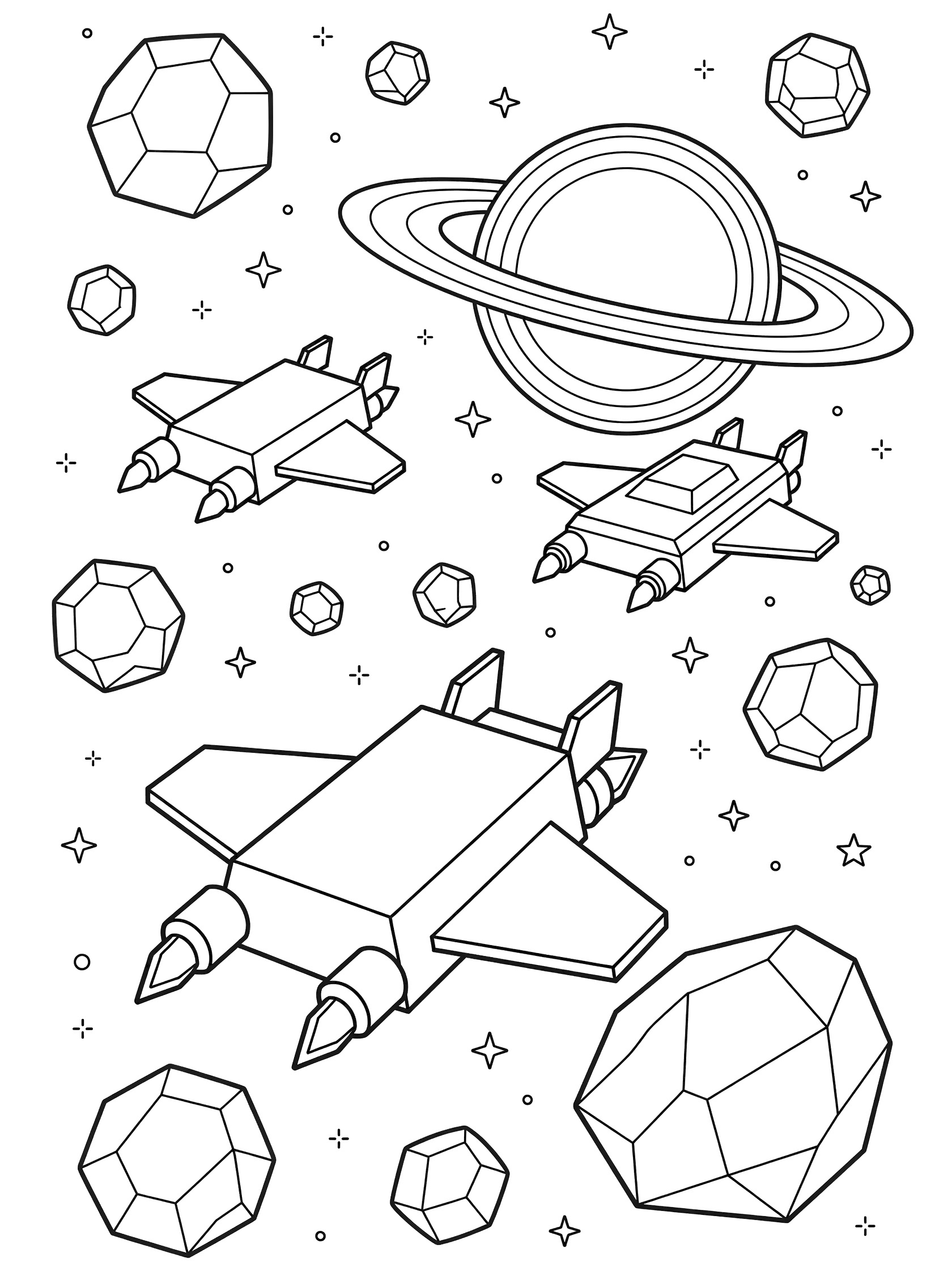 Line art coloring page showing three simple geometric flying cars weaving through angular asteroids and stars toward a distant ringed planet.