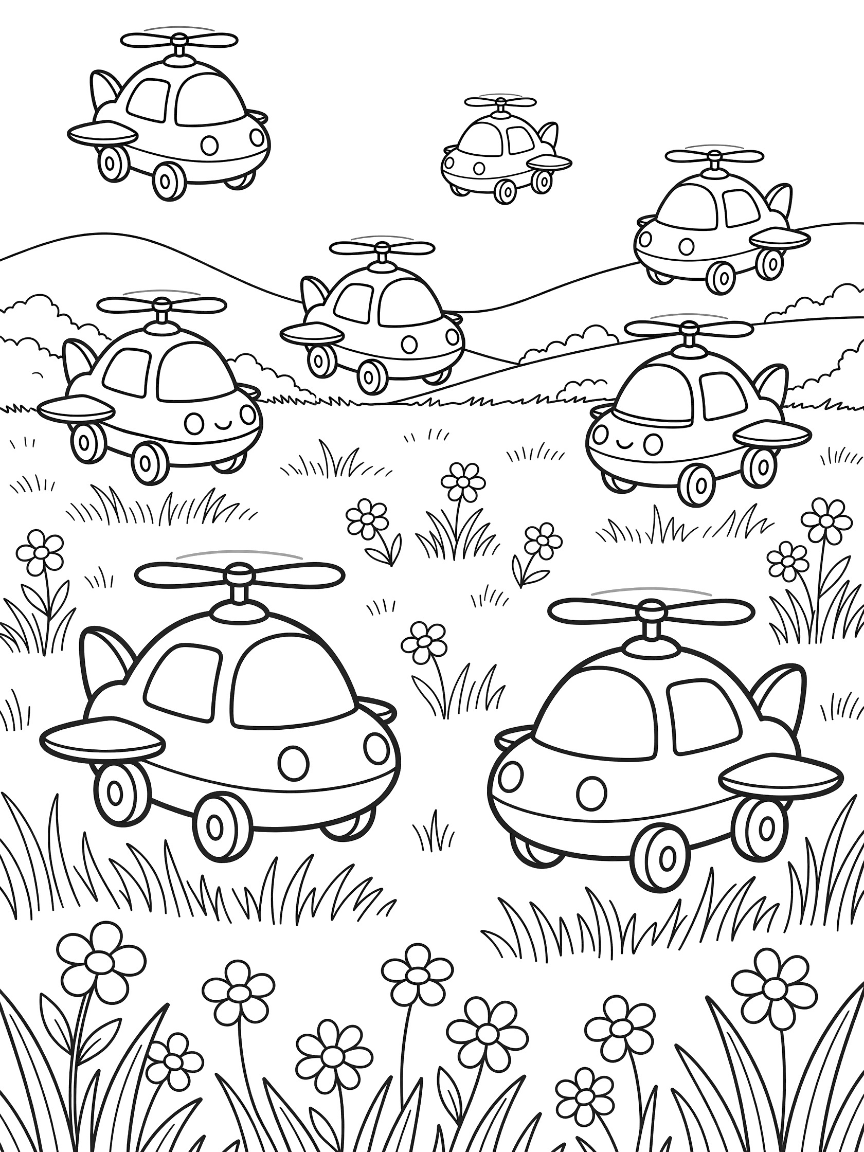 Line art coloring page showing several rounded flying cars with propellers on top, wings, and landing wheels gently landing in a meadow with tall grass, flowers, and hills.