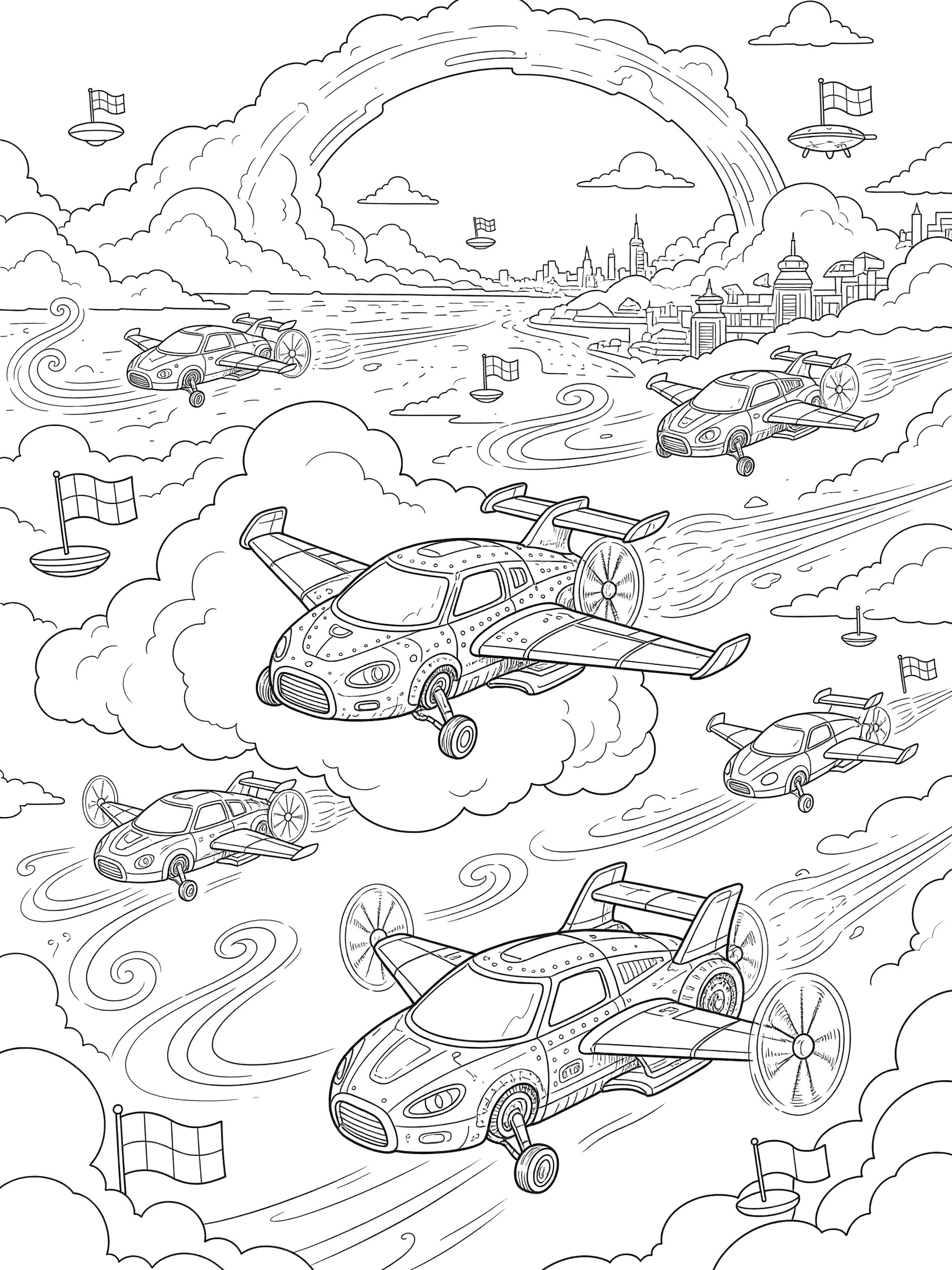 Black and white line art of flying cars racing in a cloudy sky, turning around big clouds with trailing cars, propellers, wings, racing flags, and distant city buildings.