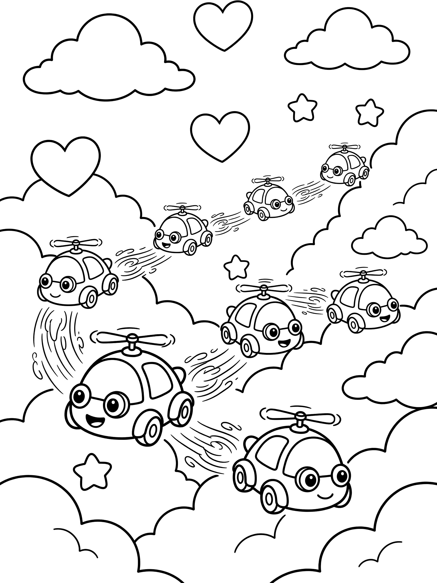 Black and white line art coloring page of cute flying cars with round bodies, big headlights like eyes, spinning propellers, and exhaust trails weaving through puffy clouds with heart and star shapes.