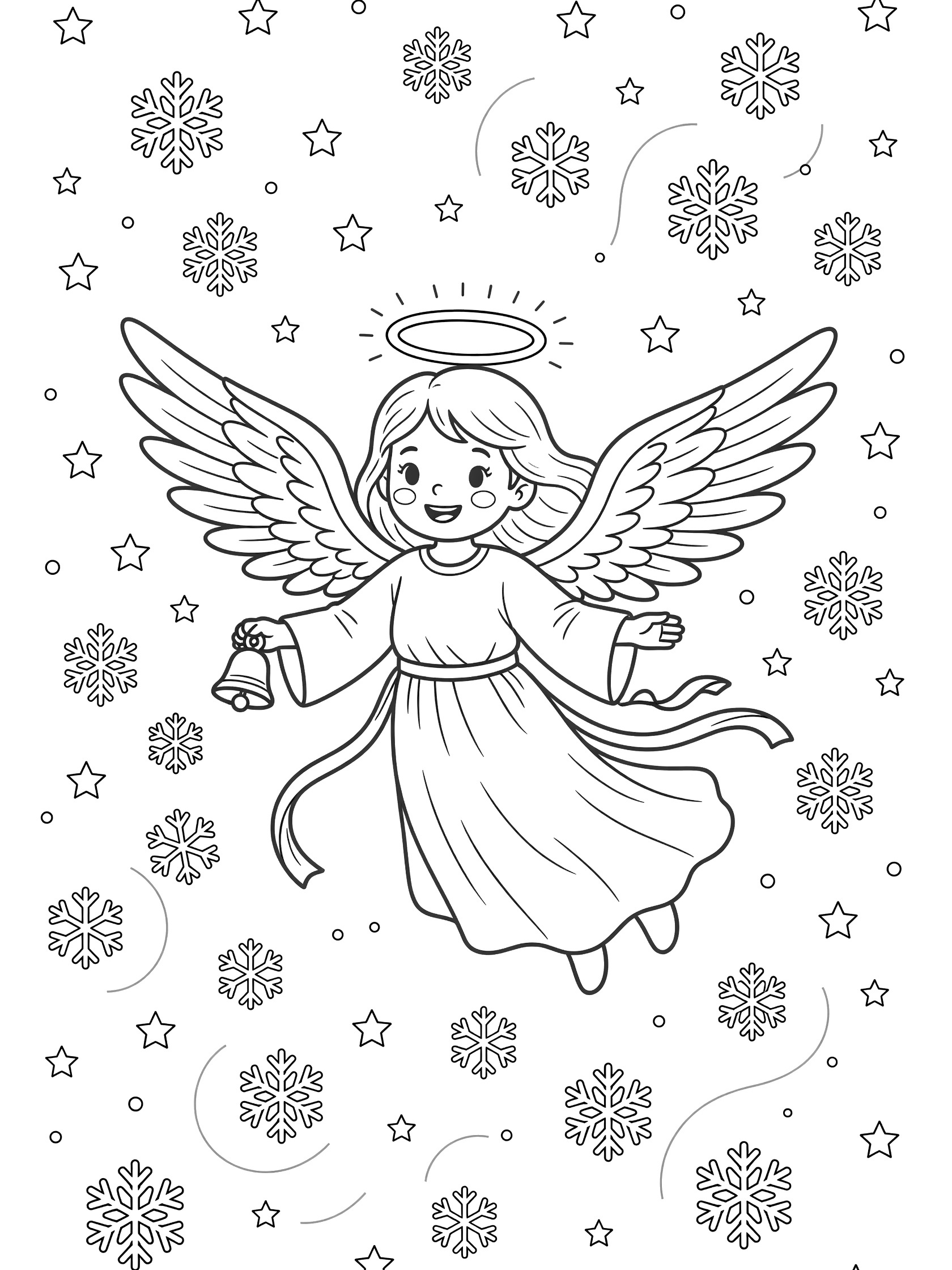 Black-and-white line art of a joyful cartoon angel flying with outstretched wings, halo, robe, bell, and swirling snowflakes in a Christmas night sky.