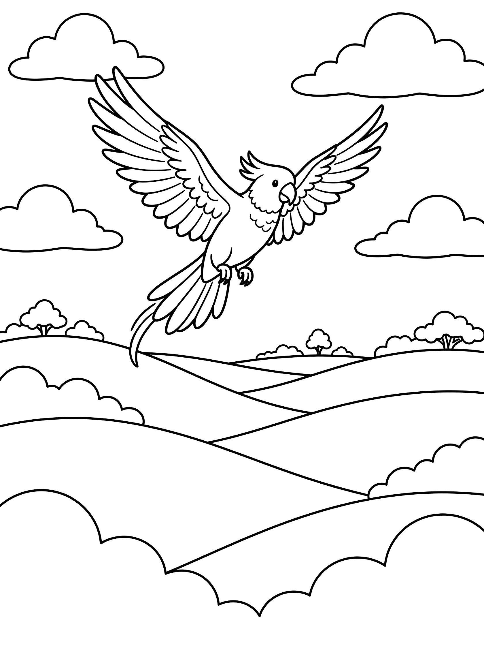 Black and white coloring page of a cockatiel bird flying with wide wings, long tail feathers, crest on head, over rolling hills, distant trees, and puffy clouds. Cockatoo themed black and white printable line art