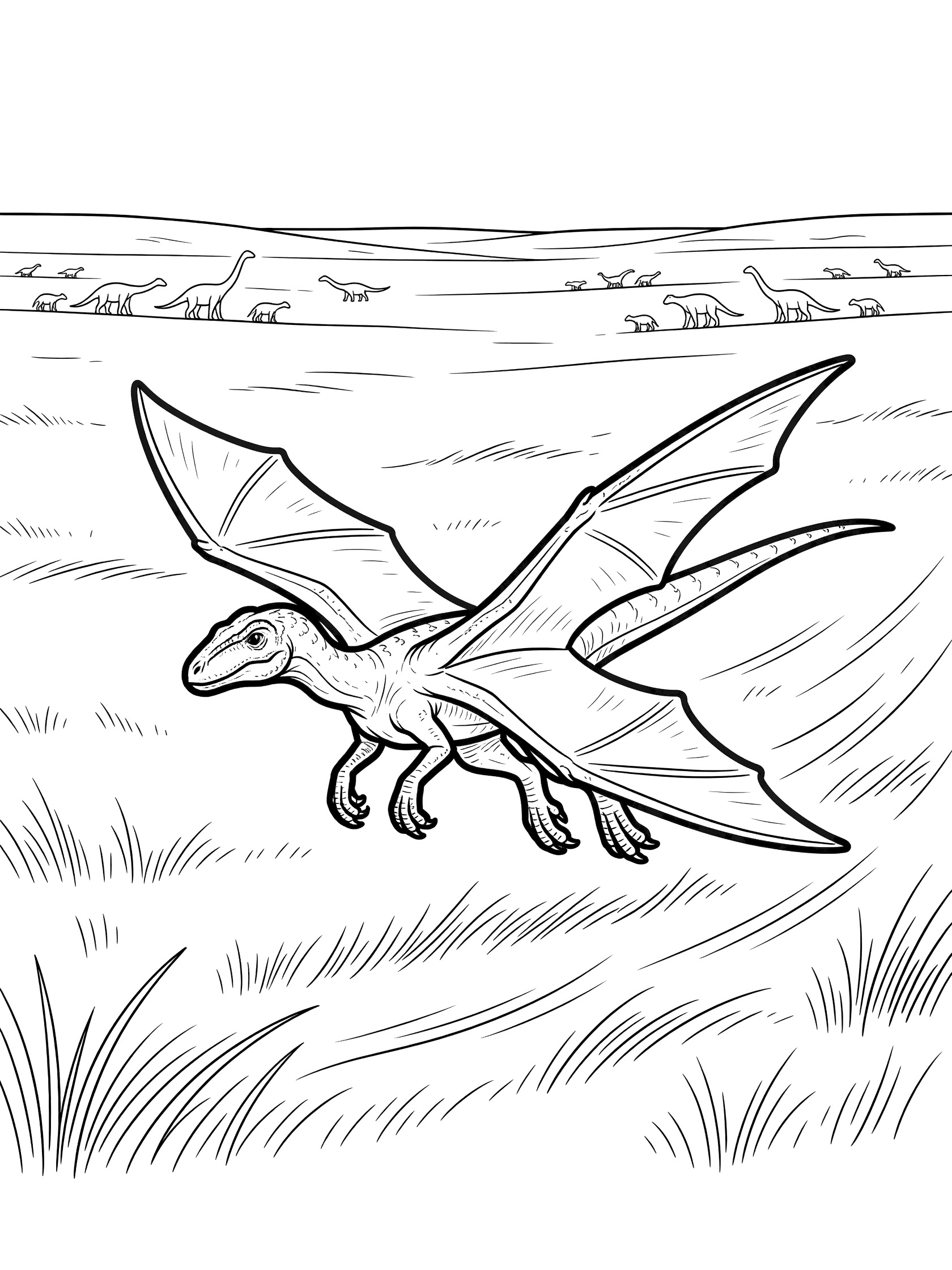 Black and white line art coloring page showing a dinosaur with outstretched wings flying over open plains, grass, and small groups of long-necked dinosaurs in the background. Spinoraptor themed black and white printable line art