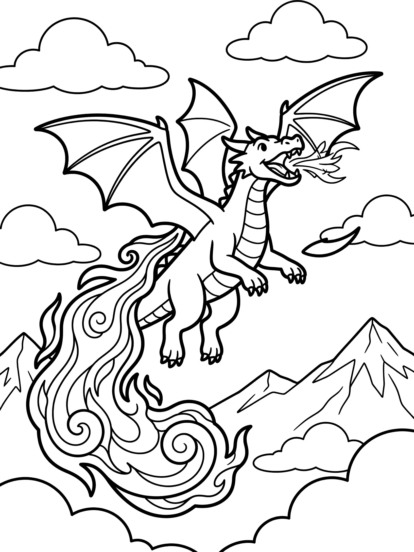 Black and white line art coloring page showing a dragon soaring in the sky breathing fire, surrounded by fluffy clouds and tall mountains. Dragon Fire themed black and white printable line art
