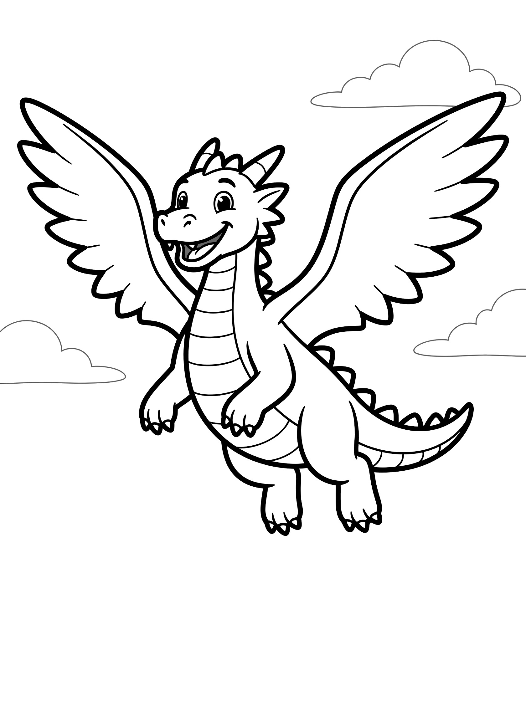Black and white line art of a smiling dragon flying with large feathered wings, body spikes, four legs, and clouds in a coloring book style. Dragon Wings themed black and white printable line art