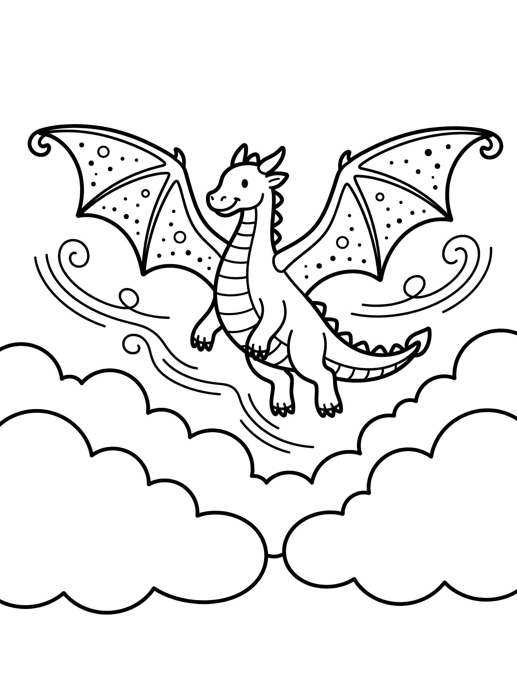 Black and white line art of a whimsical dragon soaring above fluffy clouds with extended wings and motion trails. Dragon Wings themed black and white printable line art