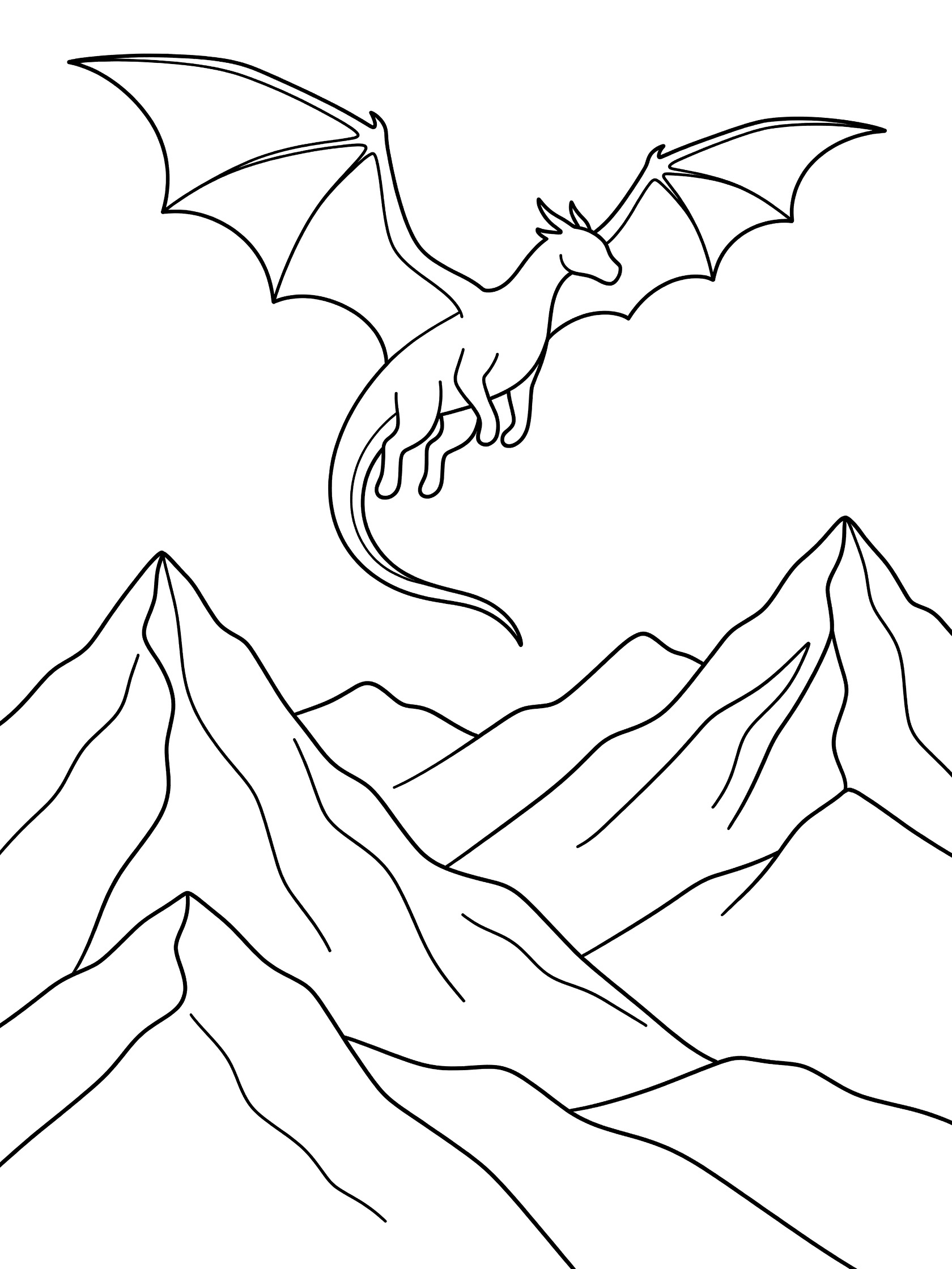 Black and white coloring book page showing a large friendly Game of Thrones dragon flying gracefully over pointy mountains with wide wings and long tail.