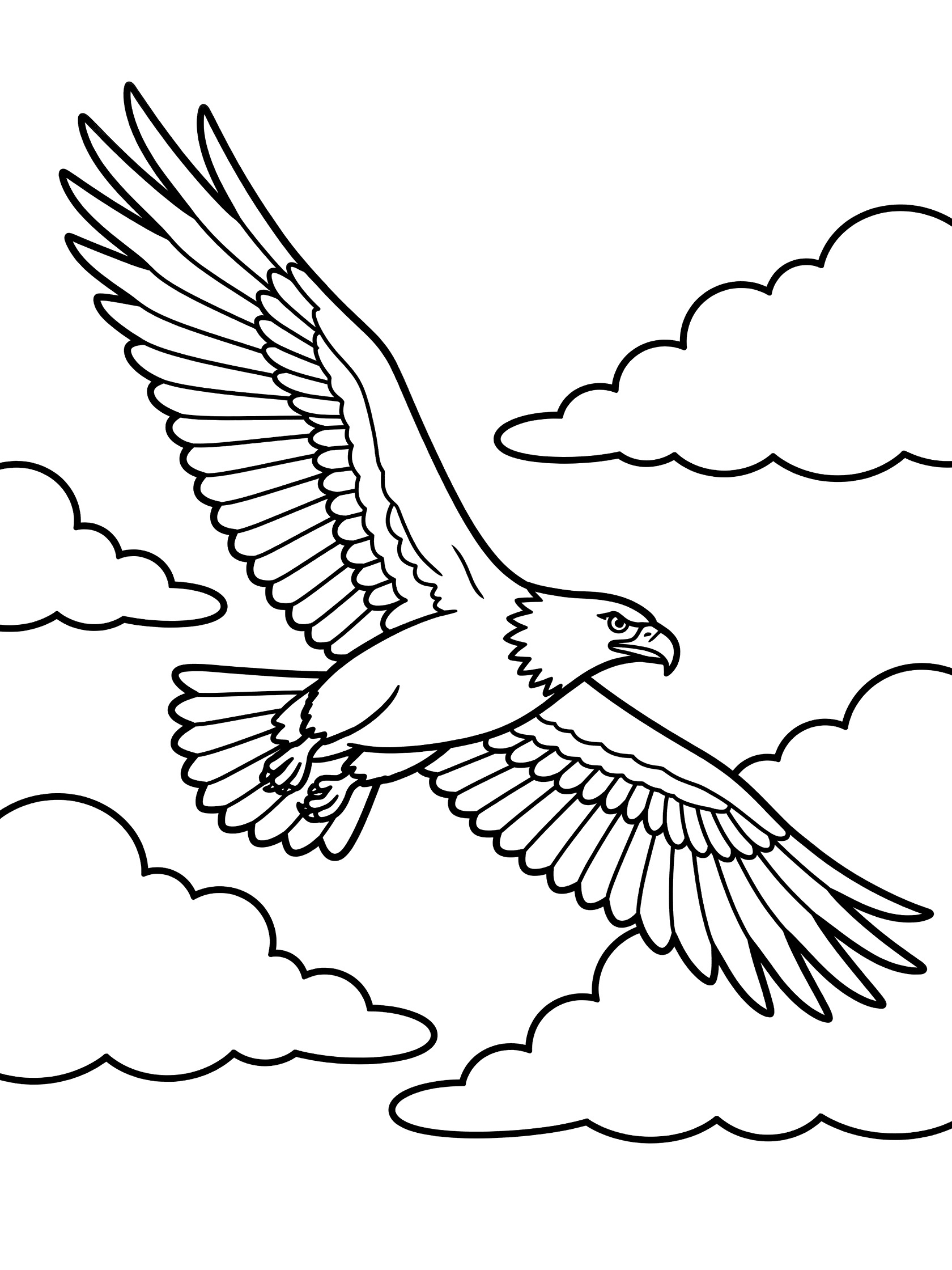 Black and white line art coloring page of a bald eagle banking in flight with spread wings and fluffy cloud shapes around it.