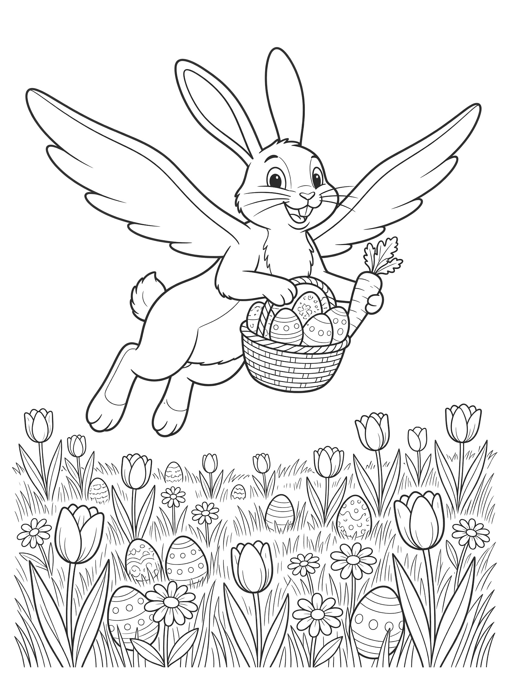 Black and white line art of cheerful Easter bunny using long floppy ears to glide like wings, carrying Easter egg basket and carrot, with spring meadow below.