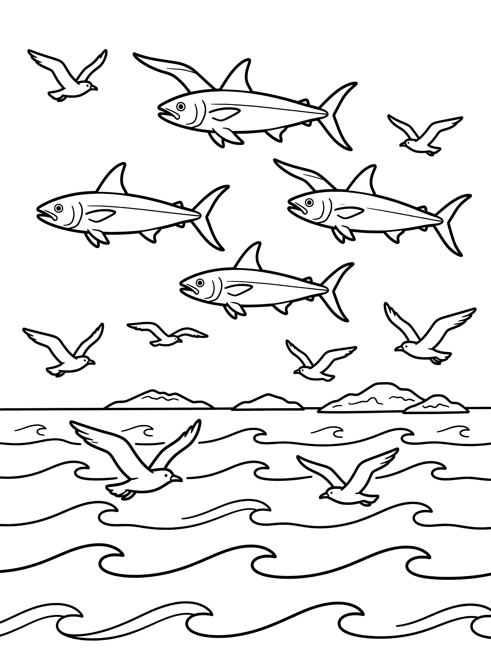 Black and white line art coloring page showing a group of flying fish in formation above ocean waves with seagulls flying nearby and small islands in the distance.