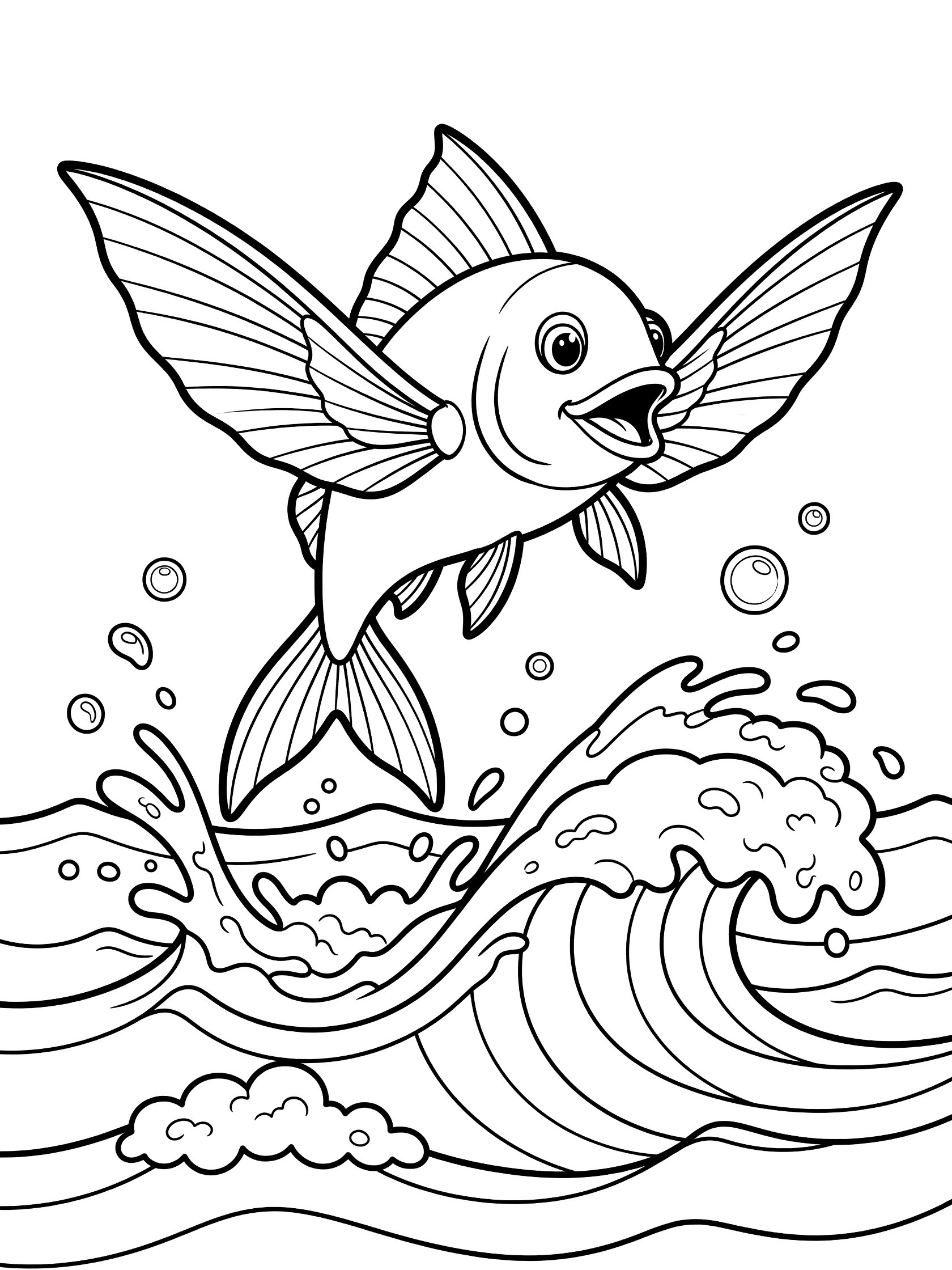 Black and white line art coloring page showing a flying fish jumping out of curling ocean waves with bubbles and sea foam.