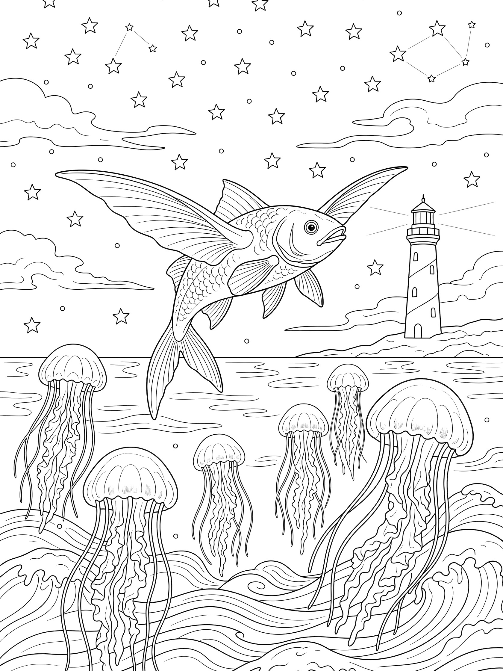 Black and white line art of a flying fish with wings soaring above wavy ocean lines, surrounded by jellyfish, stars, clouds, and a distant lighthouse.