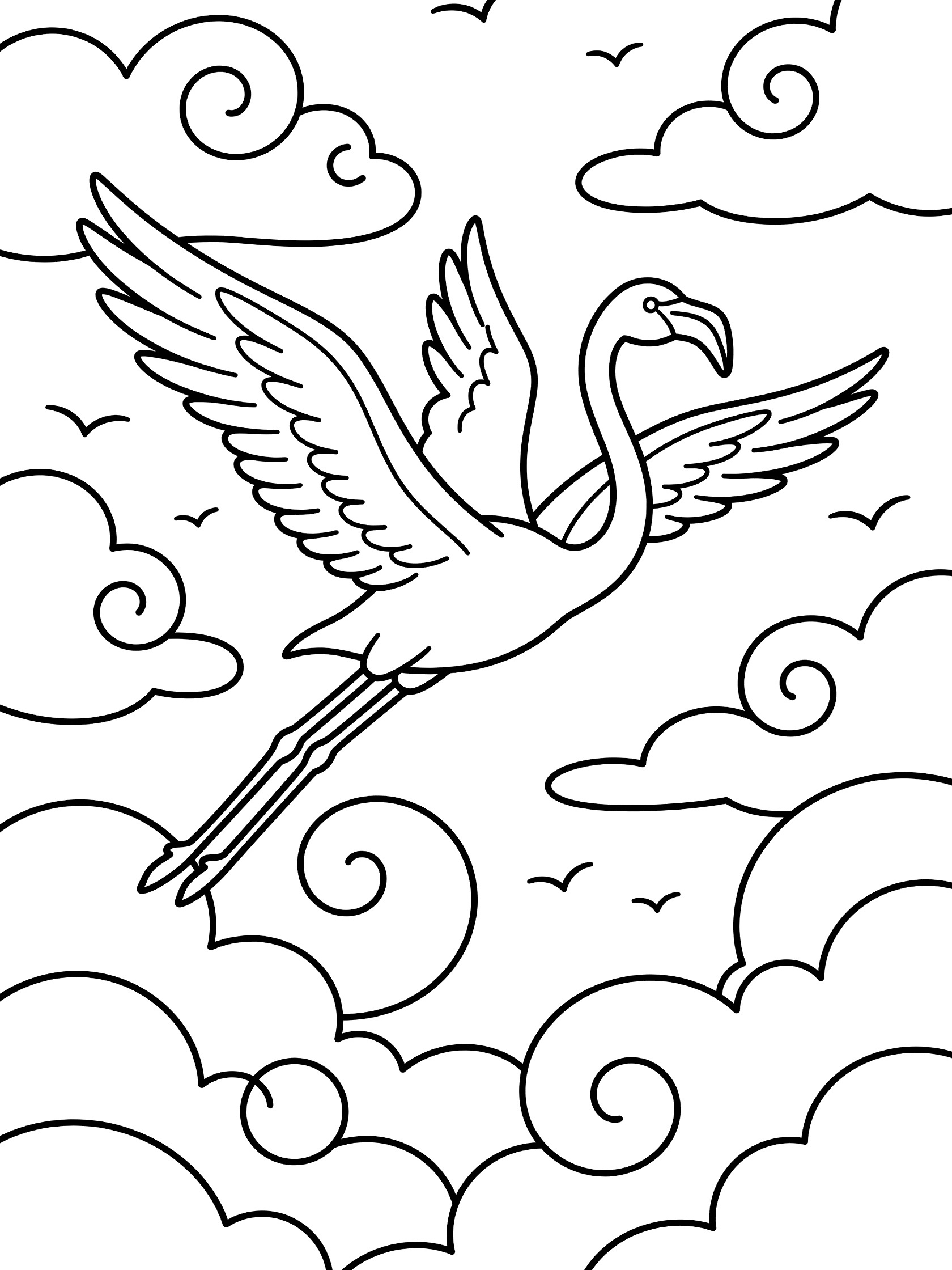 Black and white line art of a flamingo soaring in the sky with wide wings, elegant curved neck, long legs, surrounded by swirly clouds and distant small birds.