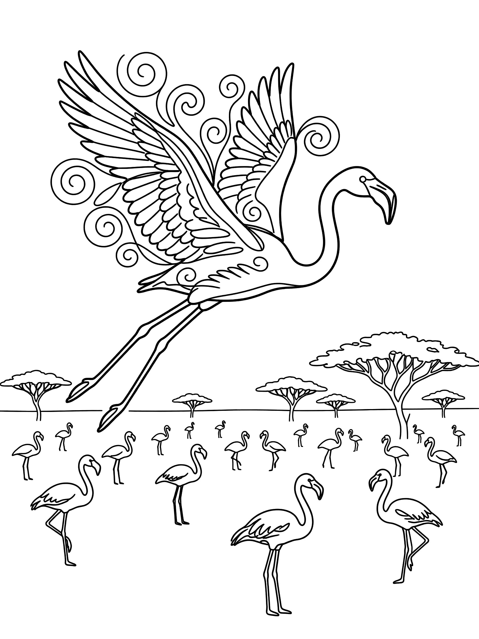 Black and white line art of a large flamingo soaring with wide swirling wings over a savanna with trees and a flock of smaller flamingos below.