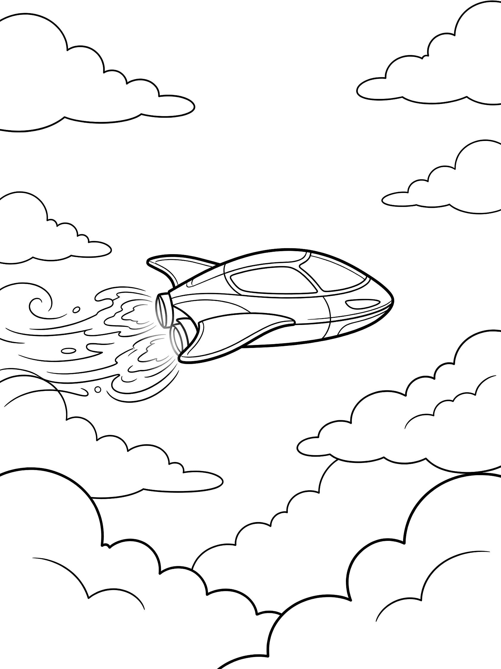Line art coloring page showing a futuristic flying car soaring through layered fluffy clouds with bold outlines.