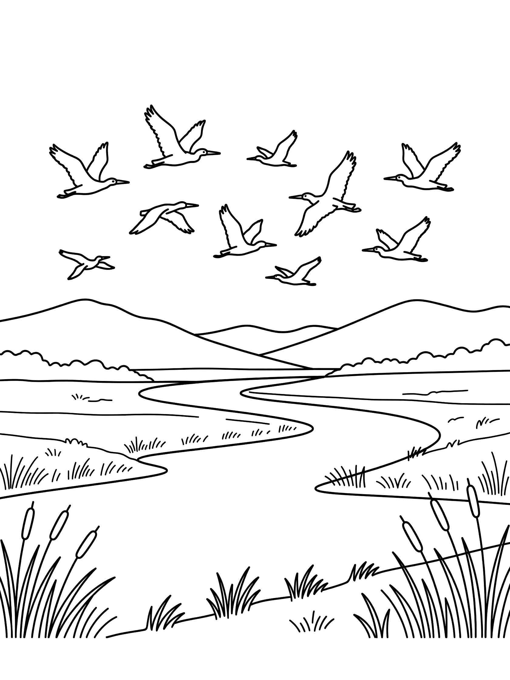 Black and white coloring page of geese flying in a V shape over a curving river, mountains in background, and tall reeds along the edges. Mississippi River themed black and white printable line art
