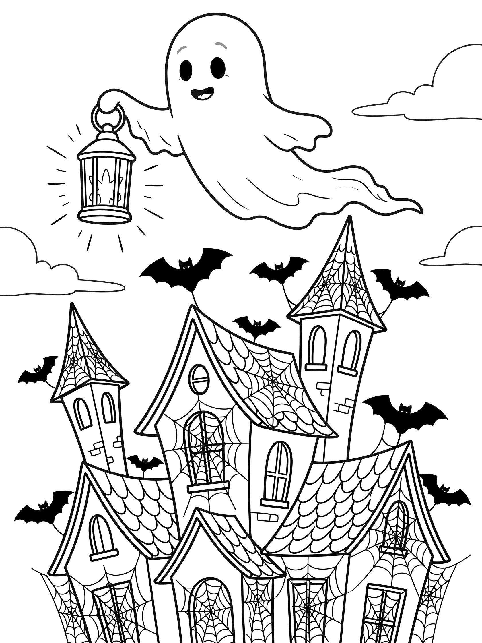 Black and white line art of a cute ghost carrying a lantern flying over a haunted house with bats on the roof and cobwebs on the windows