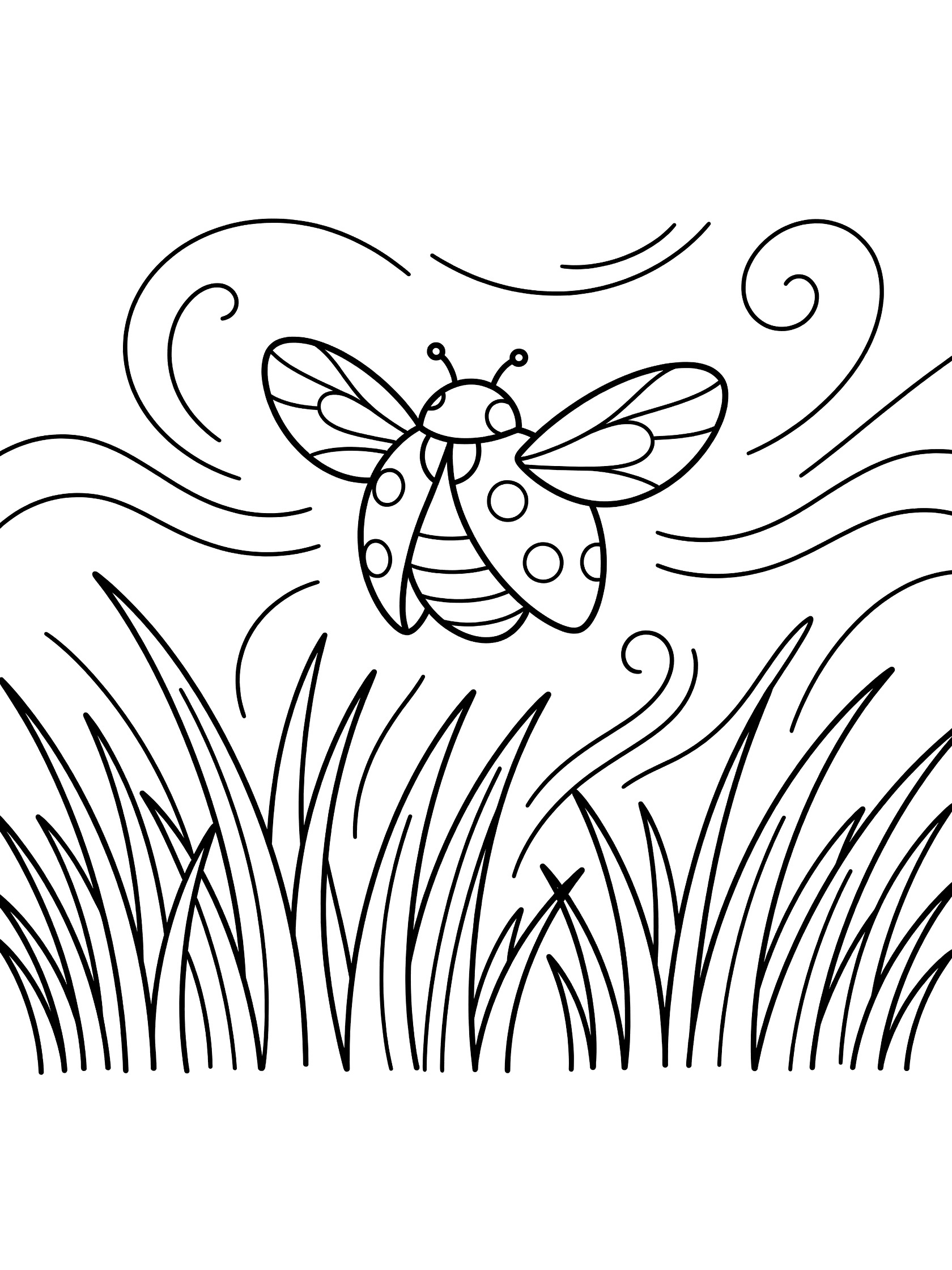 Black and white line art coloring page showing a spotted ladybug with open wings flying above grass with swirling wind lines.