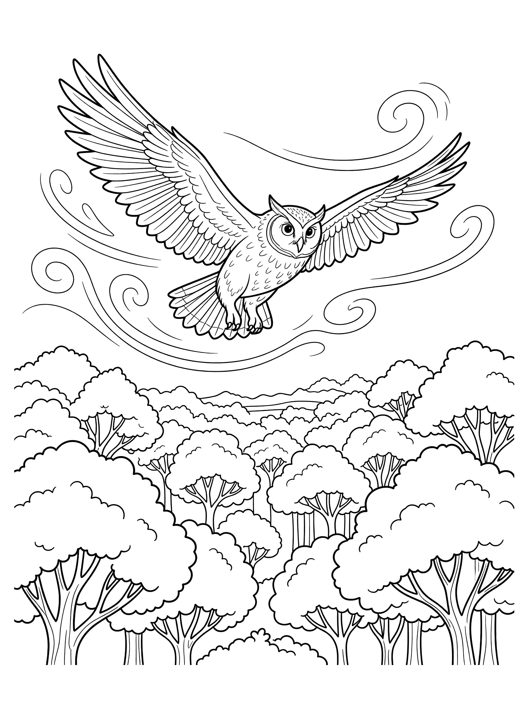 Black and white line art coloring page of a large owl soaring with spread wings and wind swirls over detailed forest treetops.