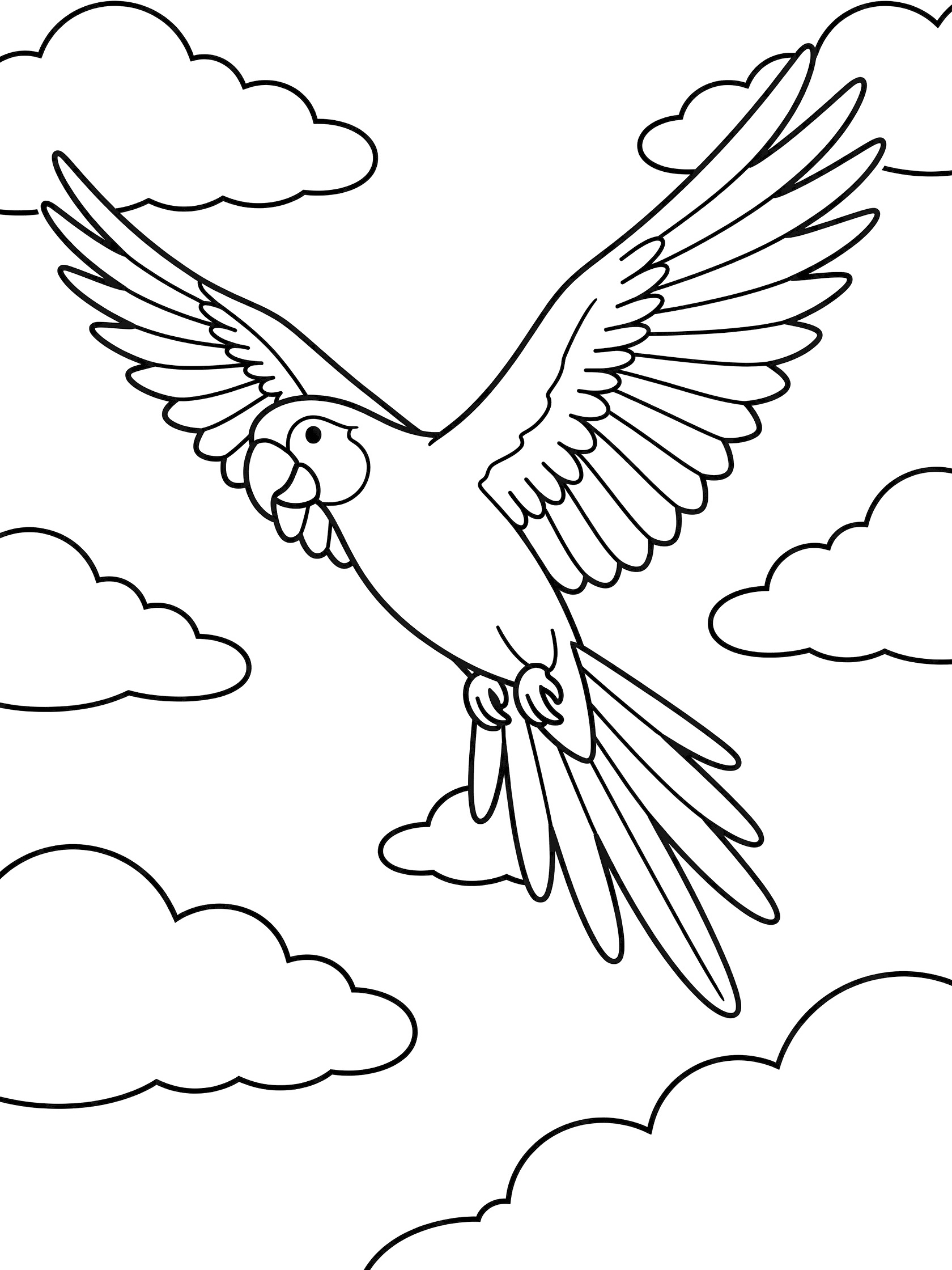 Black and white line art coloring page showing a parrot soaring through the air with spread wings, long tail feathers, and fluffy clouds around it.