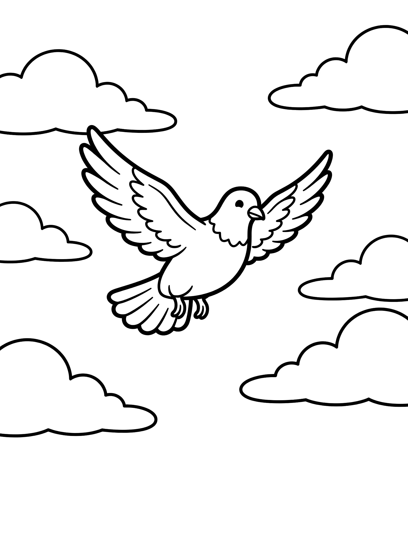 Black and white line art coloring page showing a pigeon flying in a vast sky with drifting clouds, thick outlines for easy coloring.