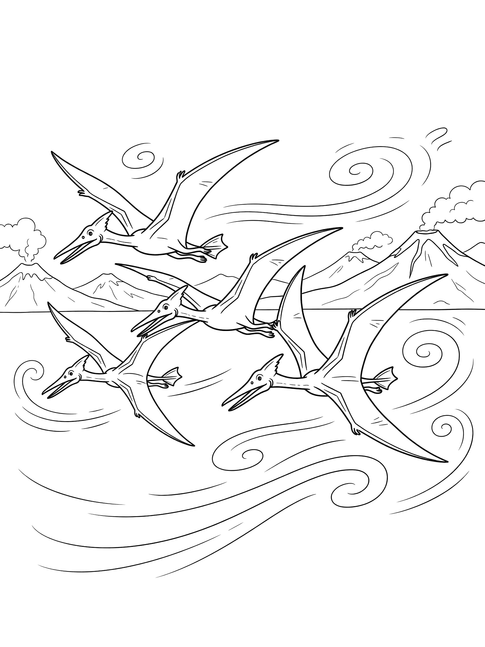 Black and white line art of three pterodactyls flying in formation with swirling wind lines and distant volcanoes. Rhamphorhynchus themed black and white printable line art