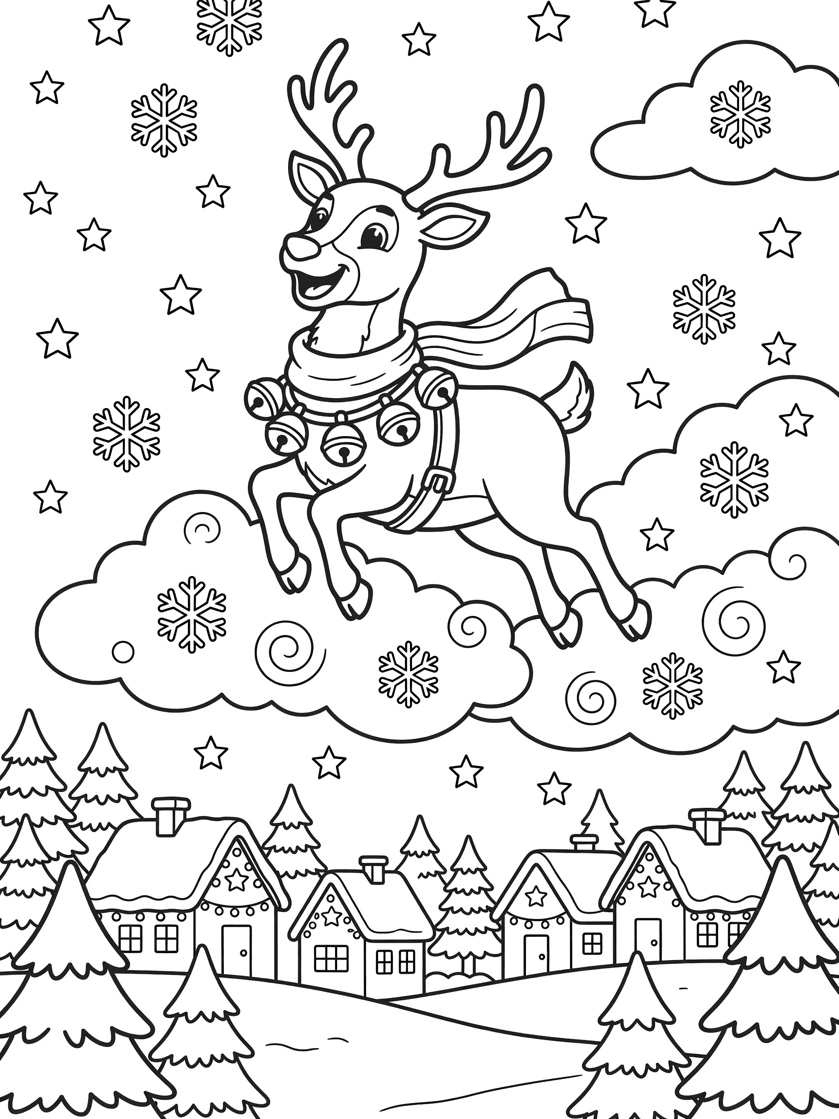 Whimsical doodle reindeer with antlers, scarf, and bell harness flying in a magical Christmas night sky above twinkling village rooftops and trees.