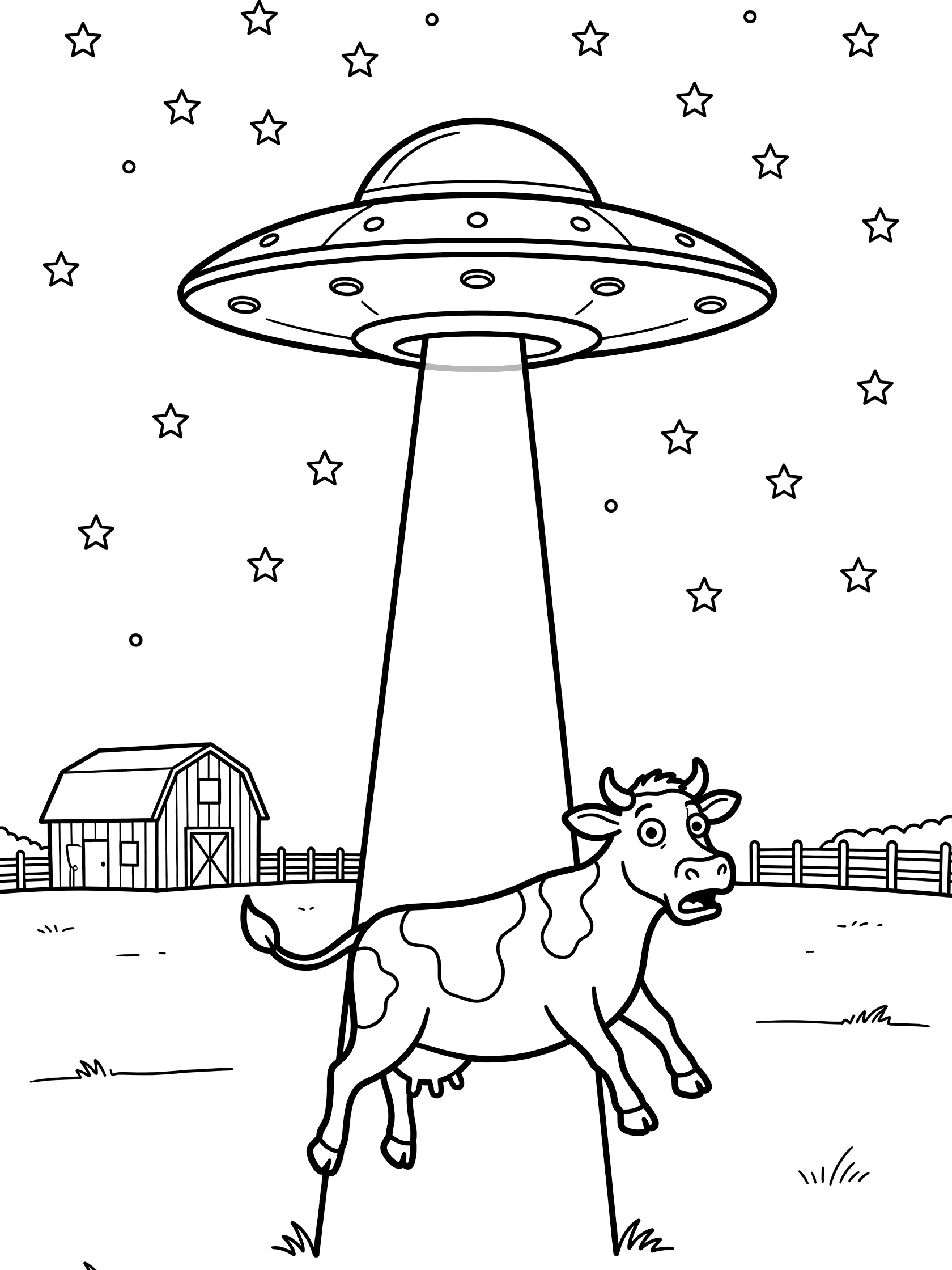 Black and white line art coloring page showing a flying saucer hovering over a farm field at night, beaming up a cow with stars, barn, and fence in the background.