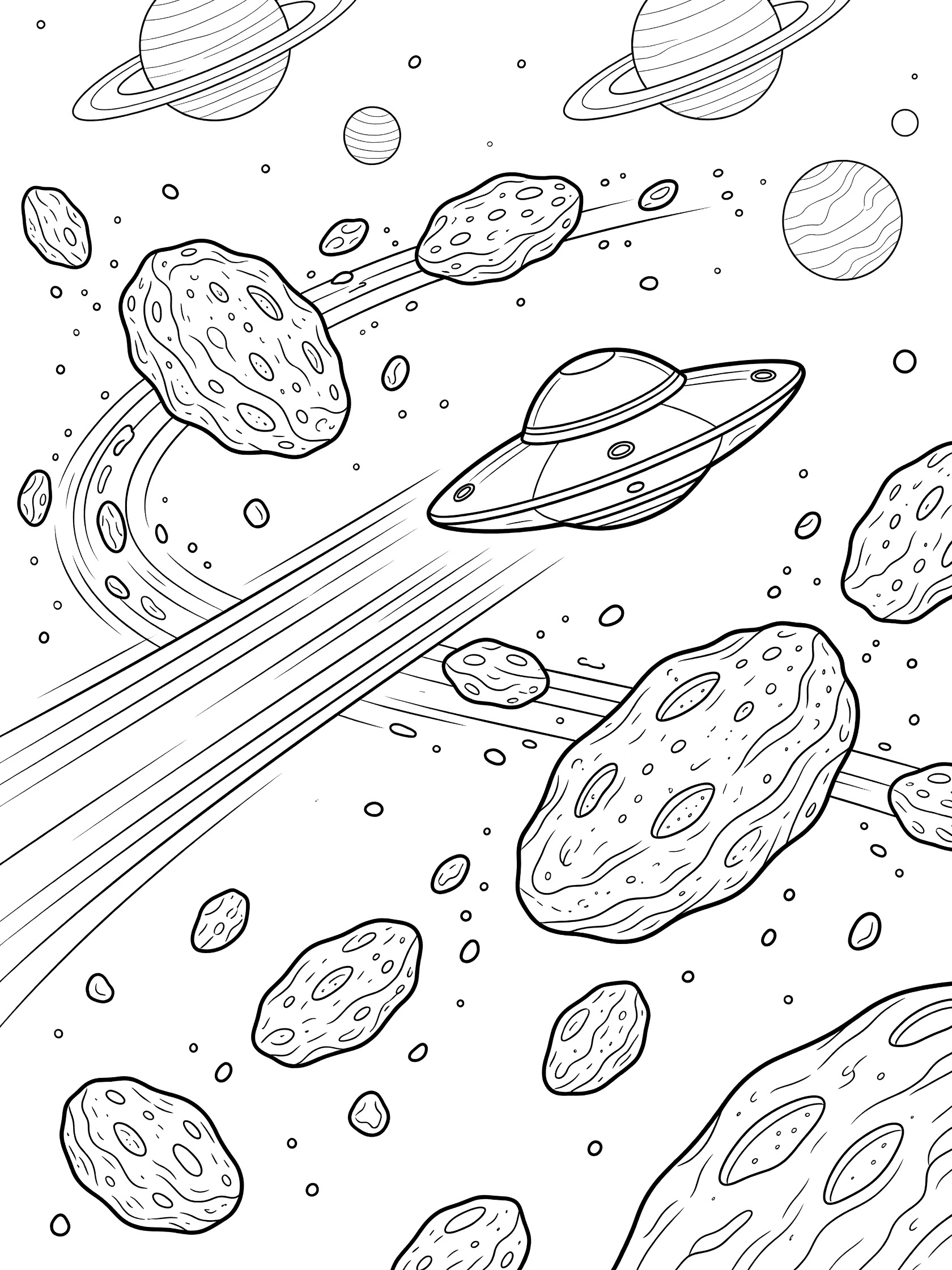 Black and white line art of a flying saucer speeding through deep space, weaving between large asteroids and space rocks, with distant ringed planets and motion lines.