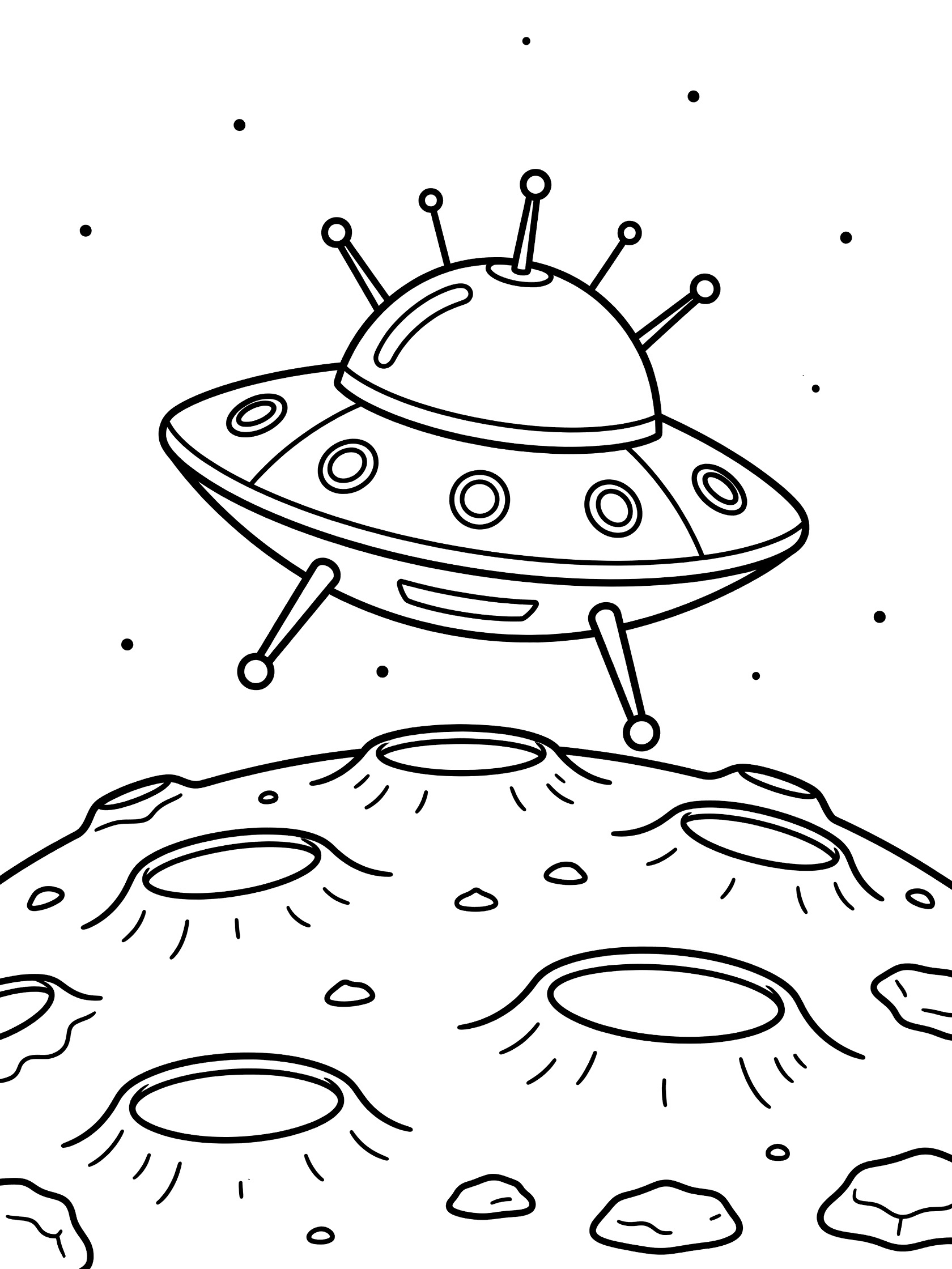 Black and white coloring page of a flying saucer gently landing on the cratered moon with extended legs, dome, antennas, portholes, rocks, and stars.