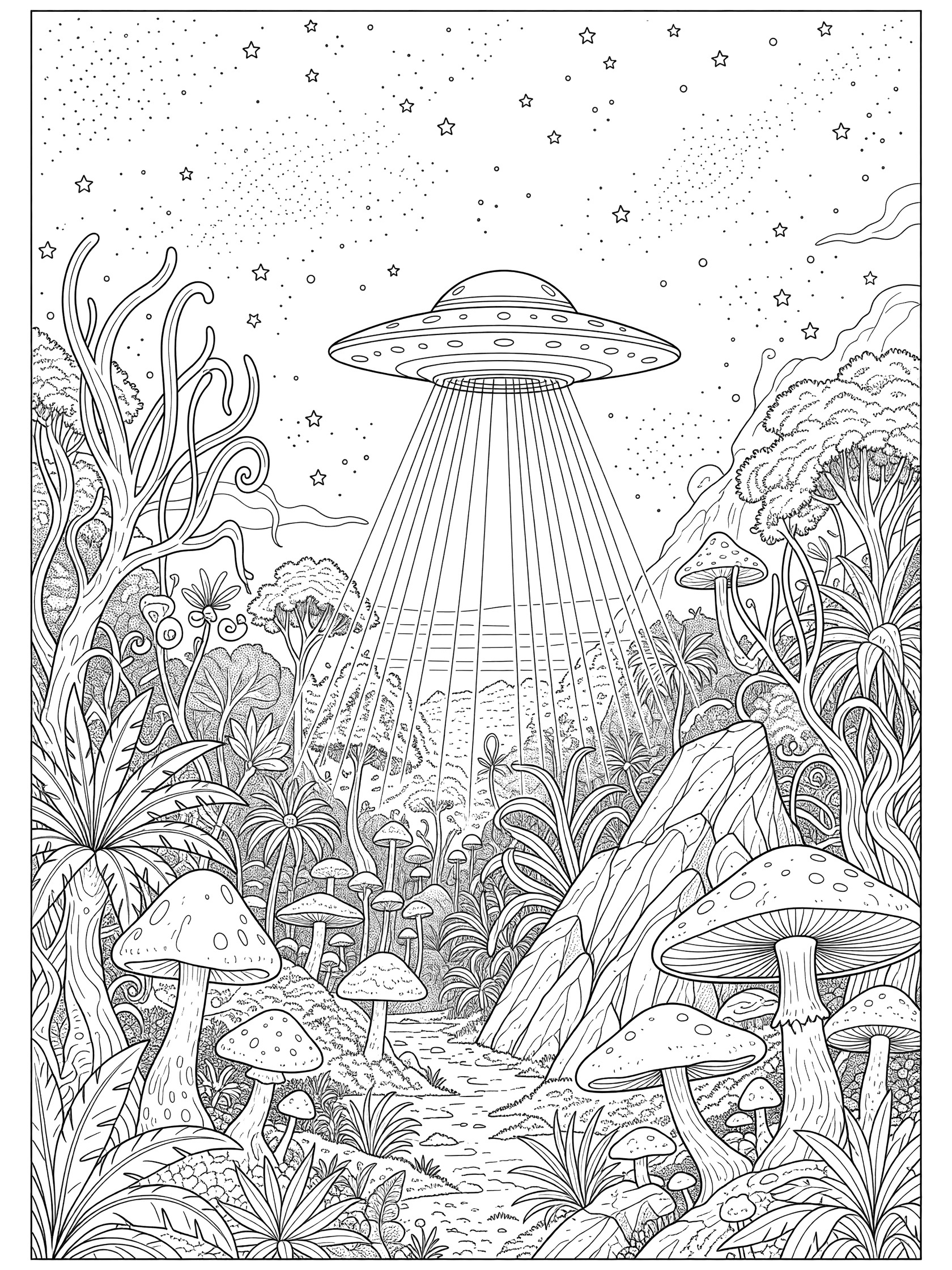Black-and-white line art coloring page showing a flying saucer beaming light over exotic alien jungle plants, giant mushrooms, rocky ground, and stars in the sky