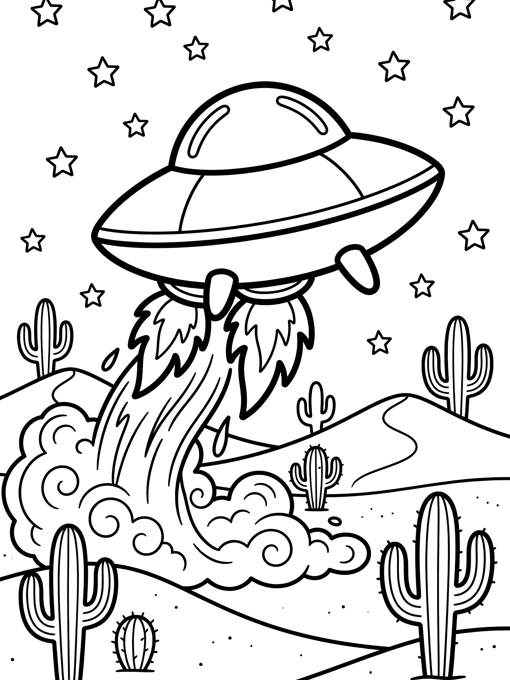 Black-and-white coloring page of a chubby flying saucer launching from Earth desert dunes, with engine flames, smoke, dust clouds, cacti, and starry sky.