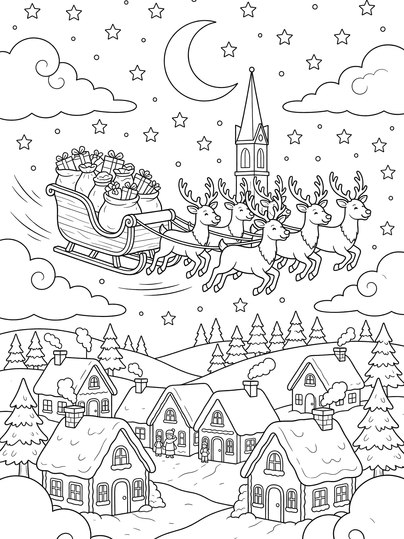 Black and white coloring page of a wooden sleigh overflowing with toy sacks, pulled by eight reindeer flying over a Christmas village at night.