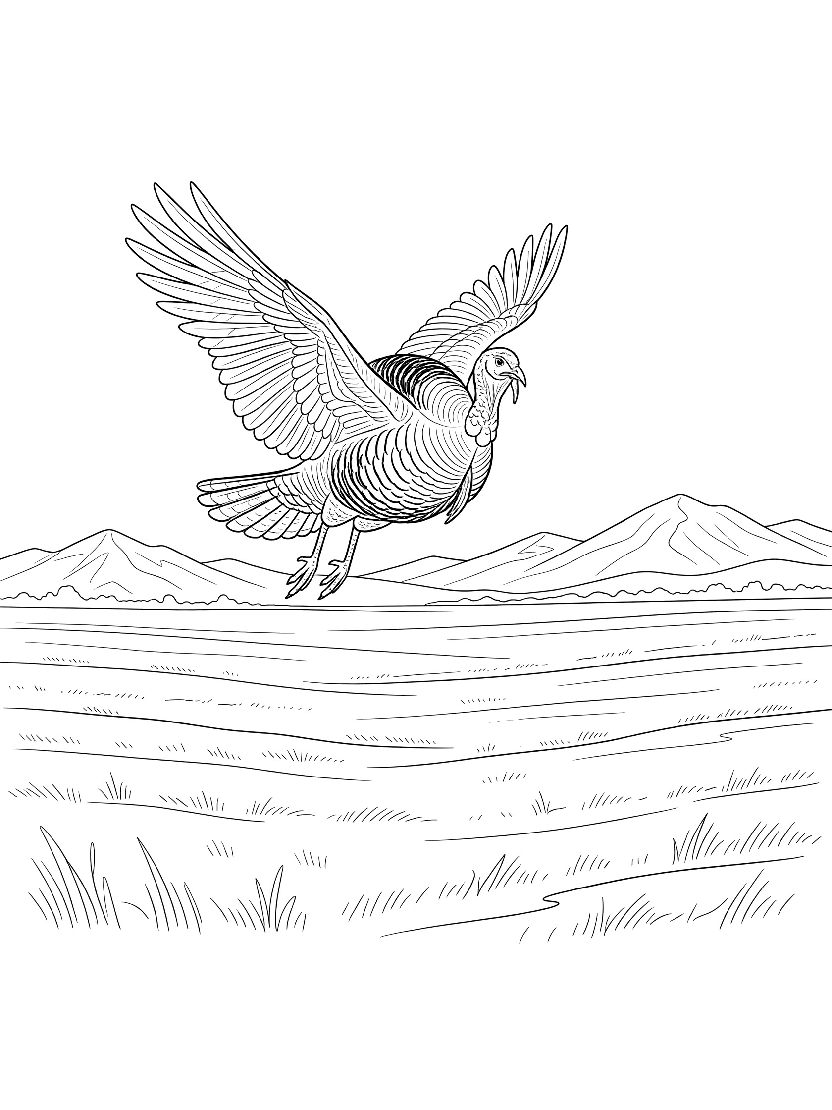 Black and white line art of a turkey flying with wings spread over a field and distant mountains, printable coloring page