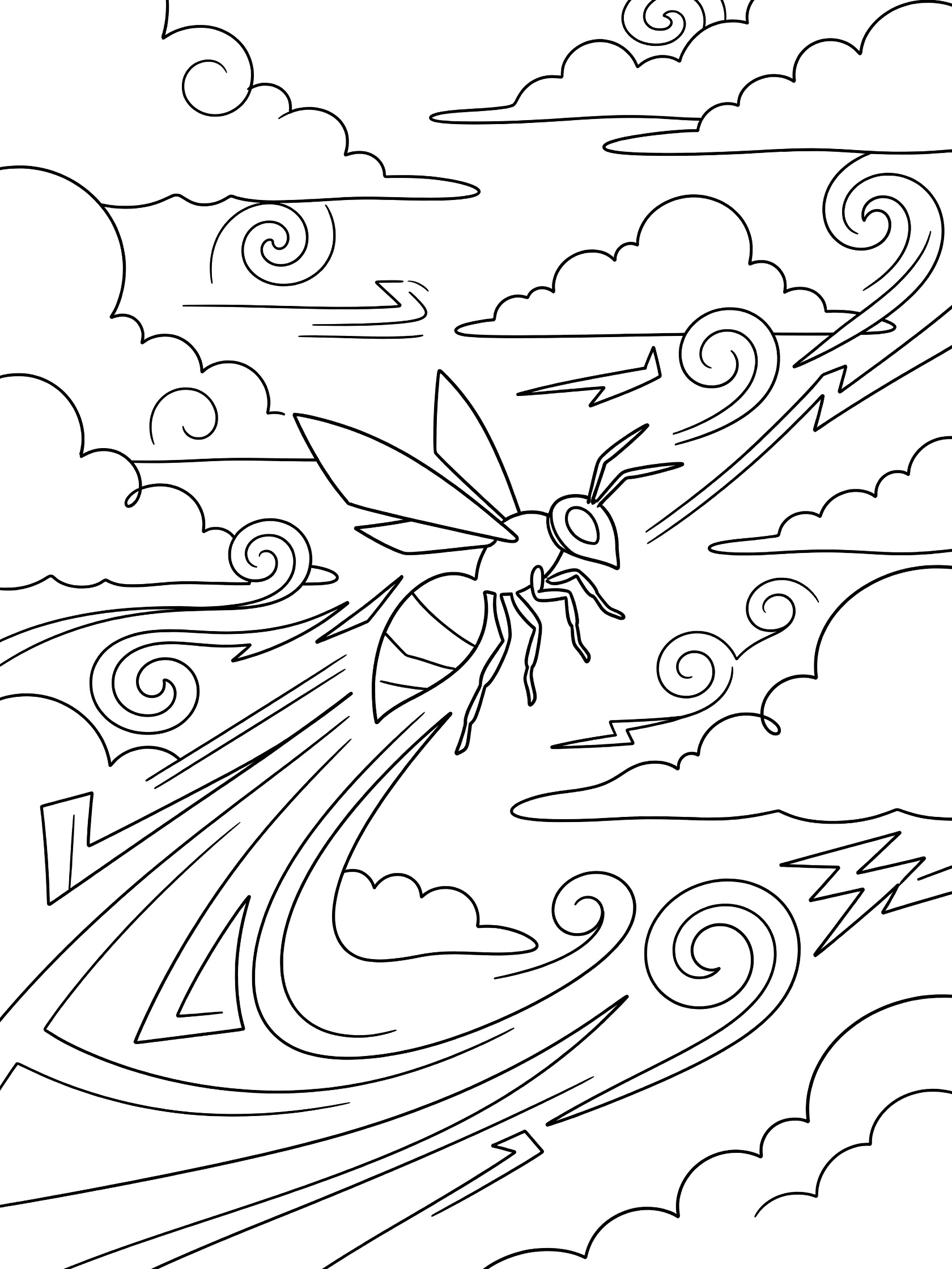 Black and white coloring page showing a wasp with wings flying fast through puffy clouds and swirling wind lines in a stormy sky.