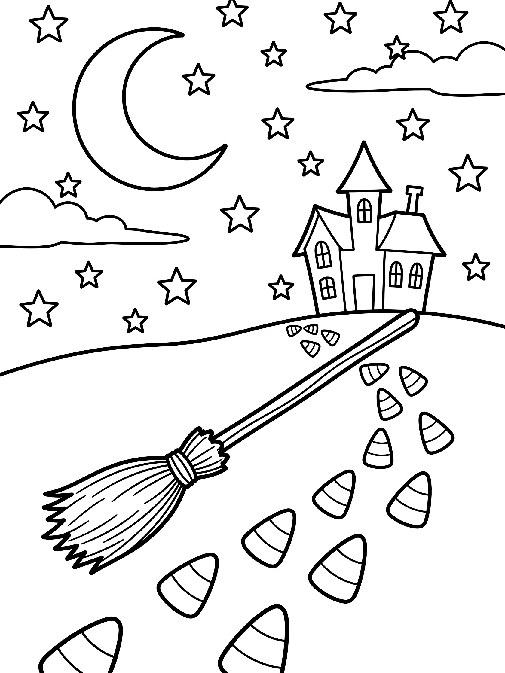 Halloween coloring page showing a witch's broom soaring across starry sky with falling candy corn trail leading to haunted house, crescent moon, stars, and clouds.