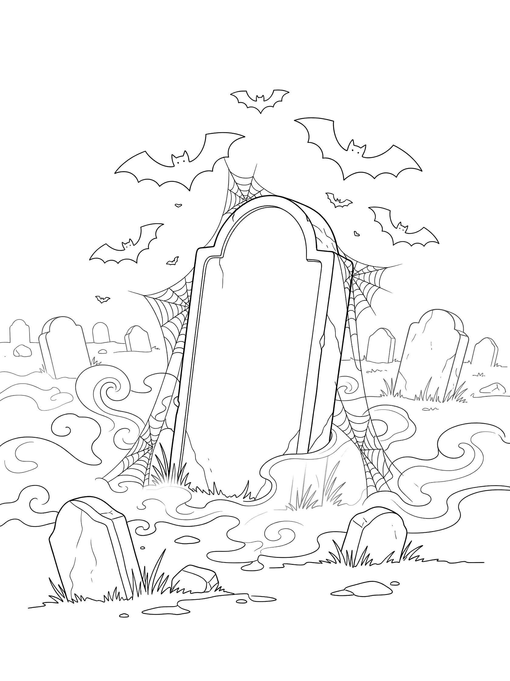 Black-and-white line art of a tall gravestone in foggy Halloween graveyard with bats flying around the top, spiderwebs on sides, and other small gravestones.