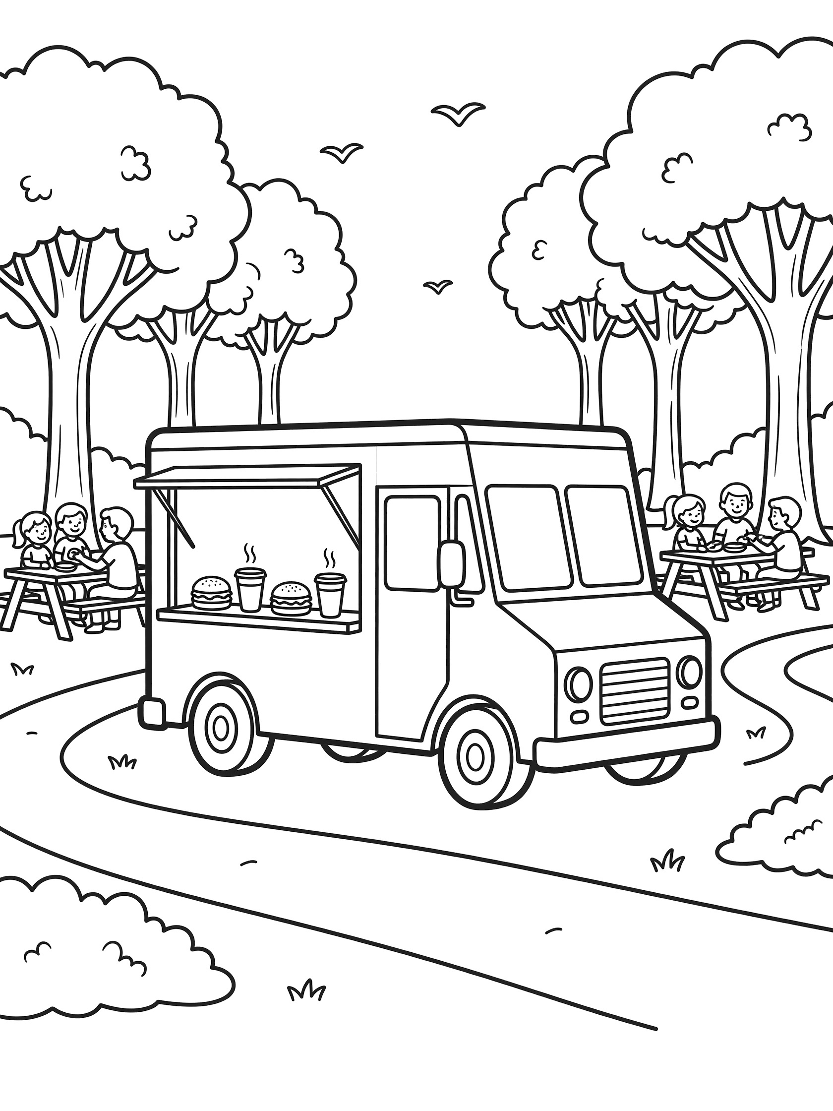 Black and white line art of a food truck at the park with open serving window, burgers, juice cups, kids at picnic tables, trees, path, and birds.