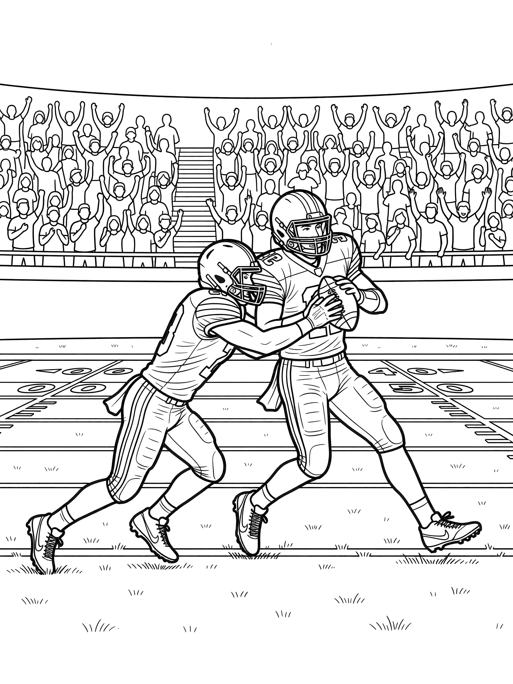 Black and white line art of a blindside sack in football: defender tackling quarterback from behind amid stadium crowd and turf yard markers.