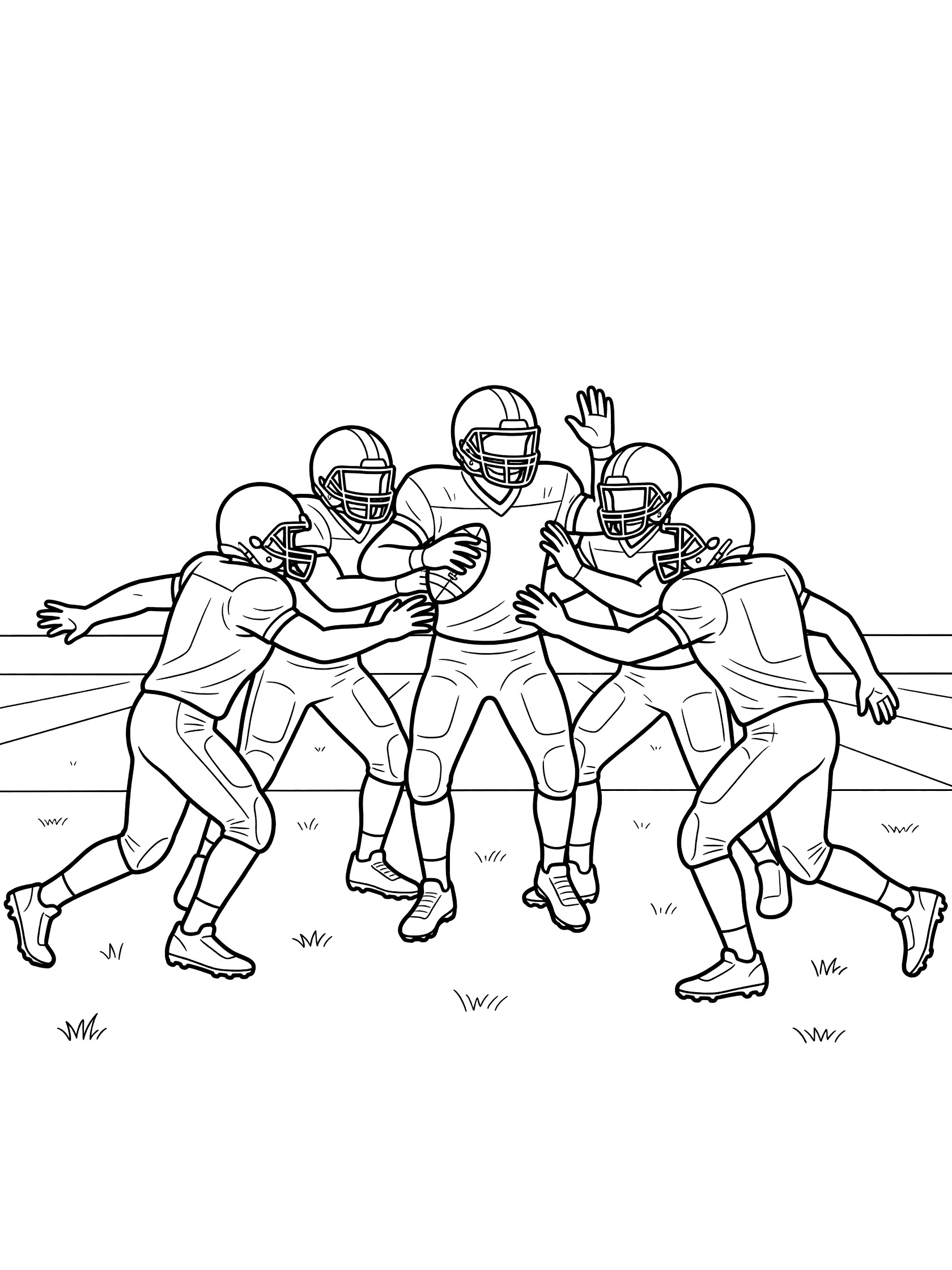 Black-and-white line art of a football blitz with four players: three defenders tackling the quarterback who holds the ball, all wearing jerseys and helmets on a grassy field.