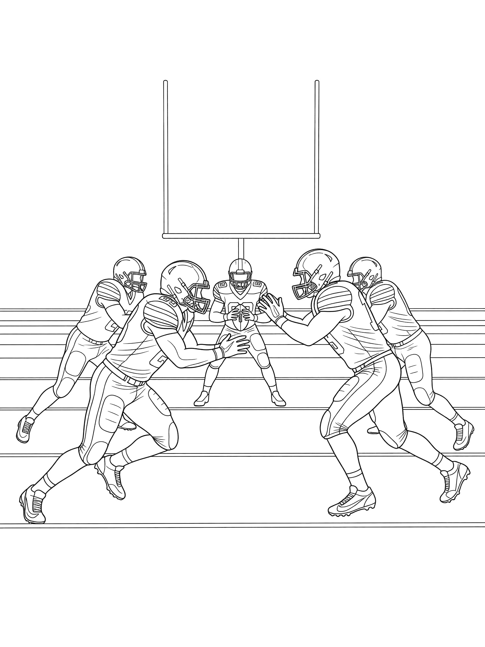 Printable coloring page of a defensive end blitz in football, speeding past the tight end toward the quarterback under center with goalposts in the background.