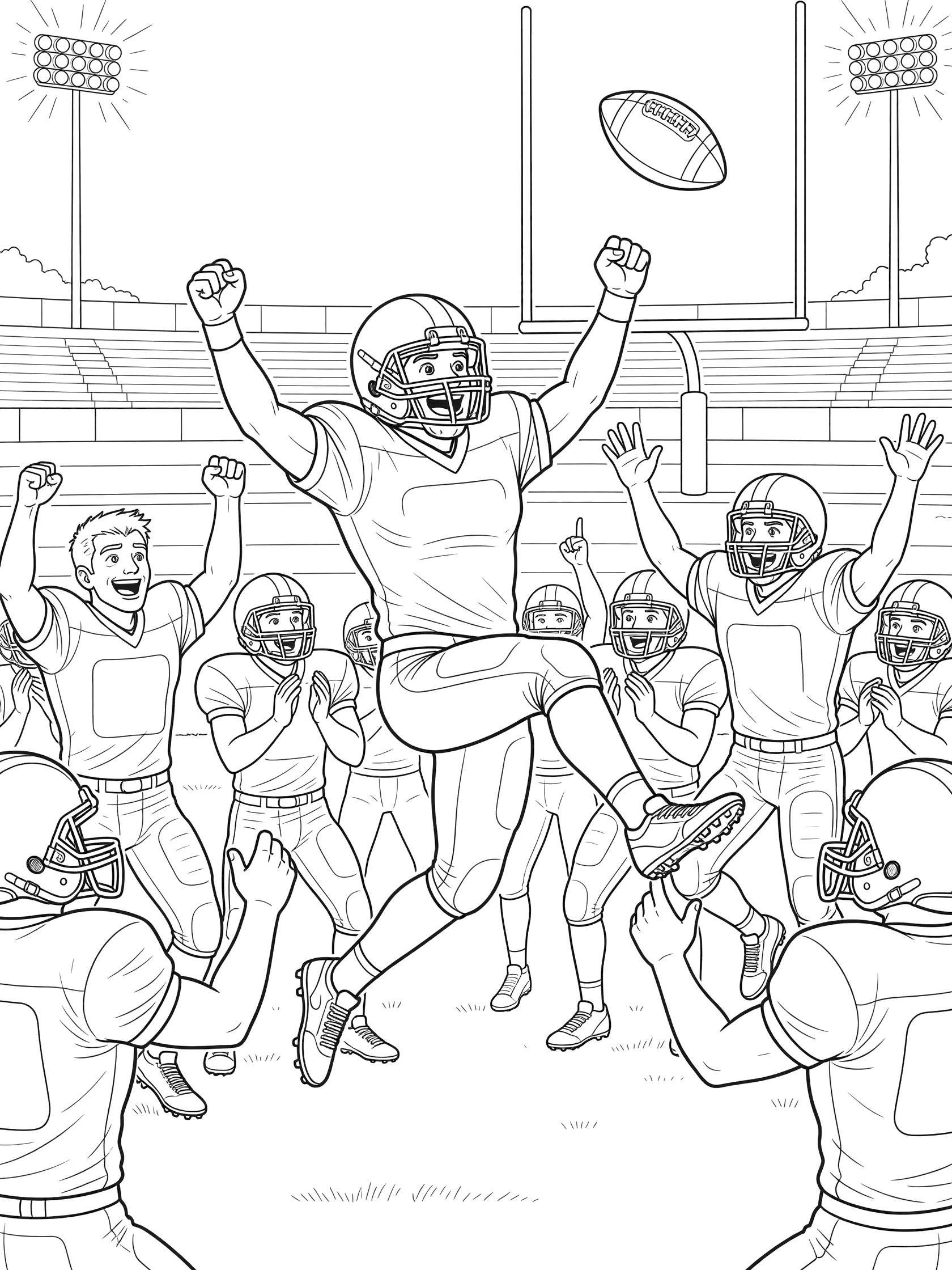Black and white coloring page of a football kicker celebrating a long field goal kick with arms up and teammates cheering around him on a nighttime field with lights and goal posts.