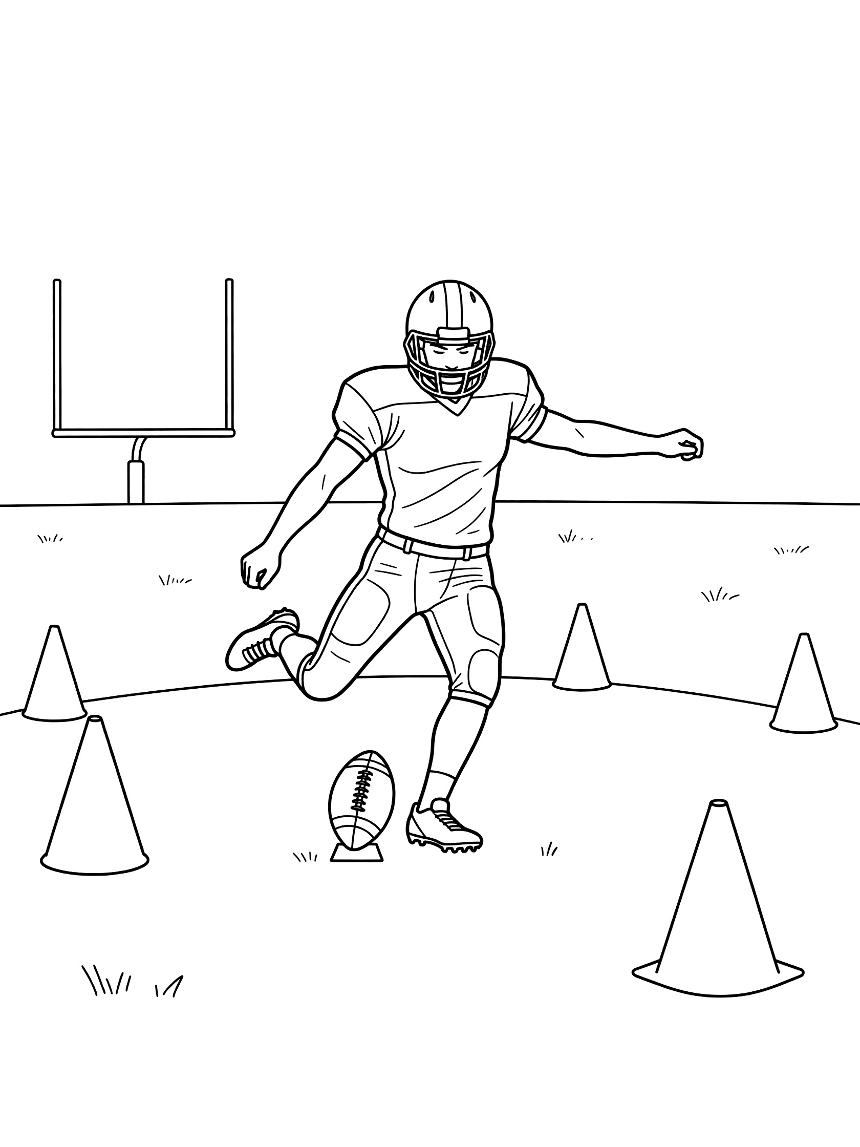 Kicker in uniform approaching football on kicking tee during practice, surrounded by cones on the field with goalposts visible.