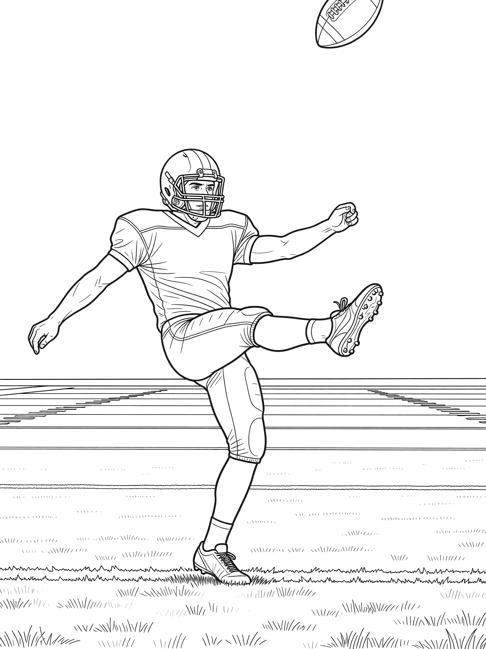 Black-and-white coloring page of a kicker in helmet and pads dropping and punting a football high over a football field with grass and yard lines.