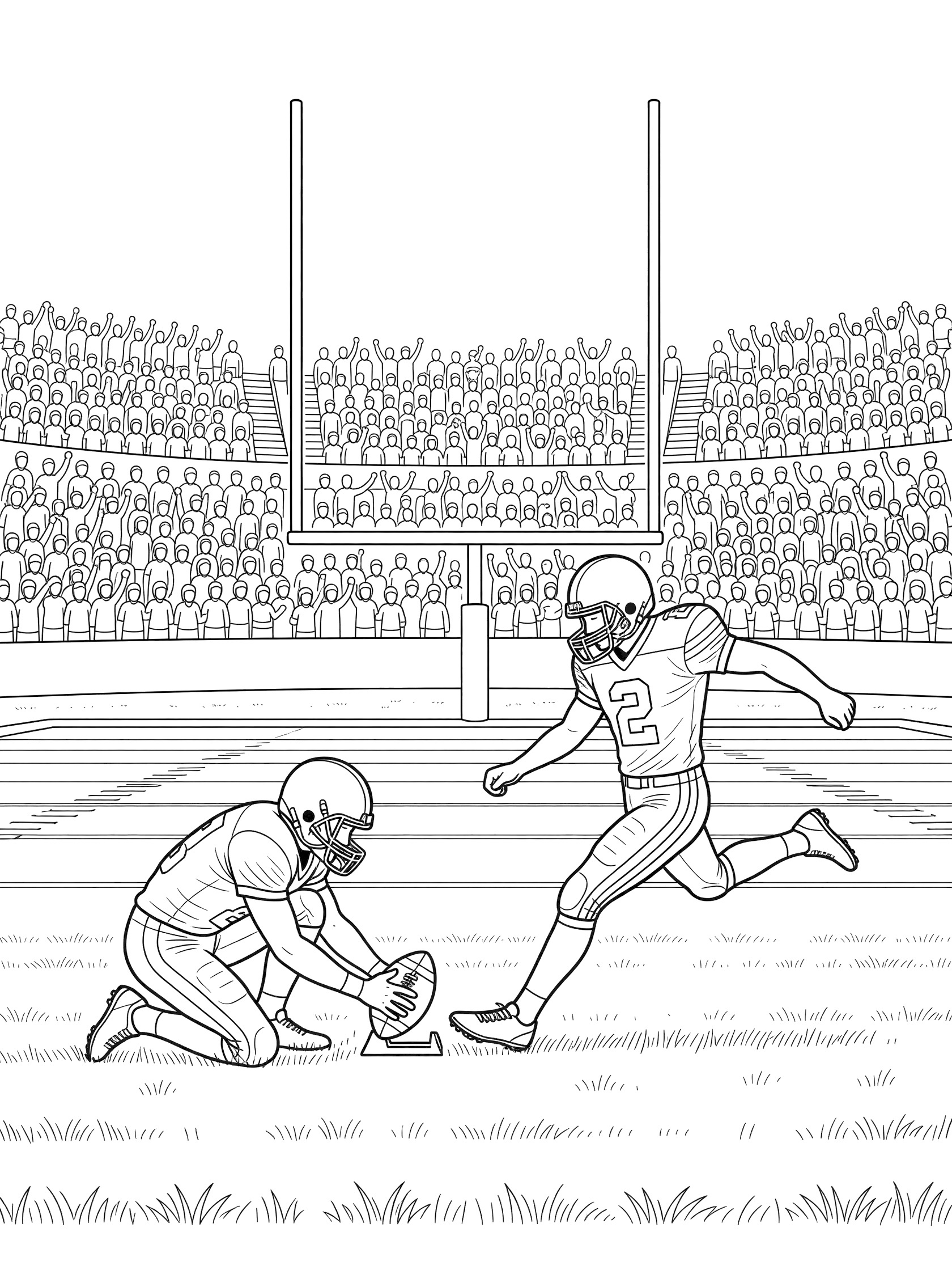 Black-and-white line art of a football kicker in uniform kicking the ball for an extra point while his teammate holds it on the field with goal posts and stadium crowd in the background.